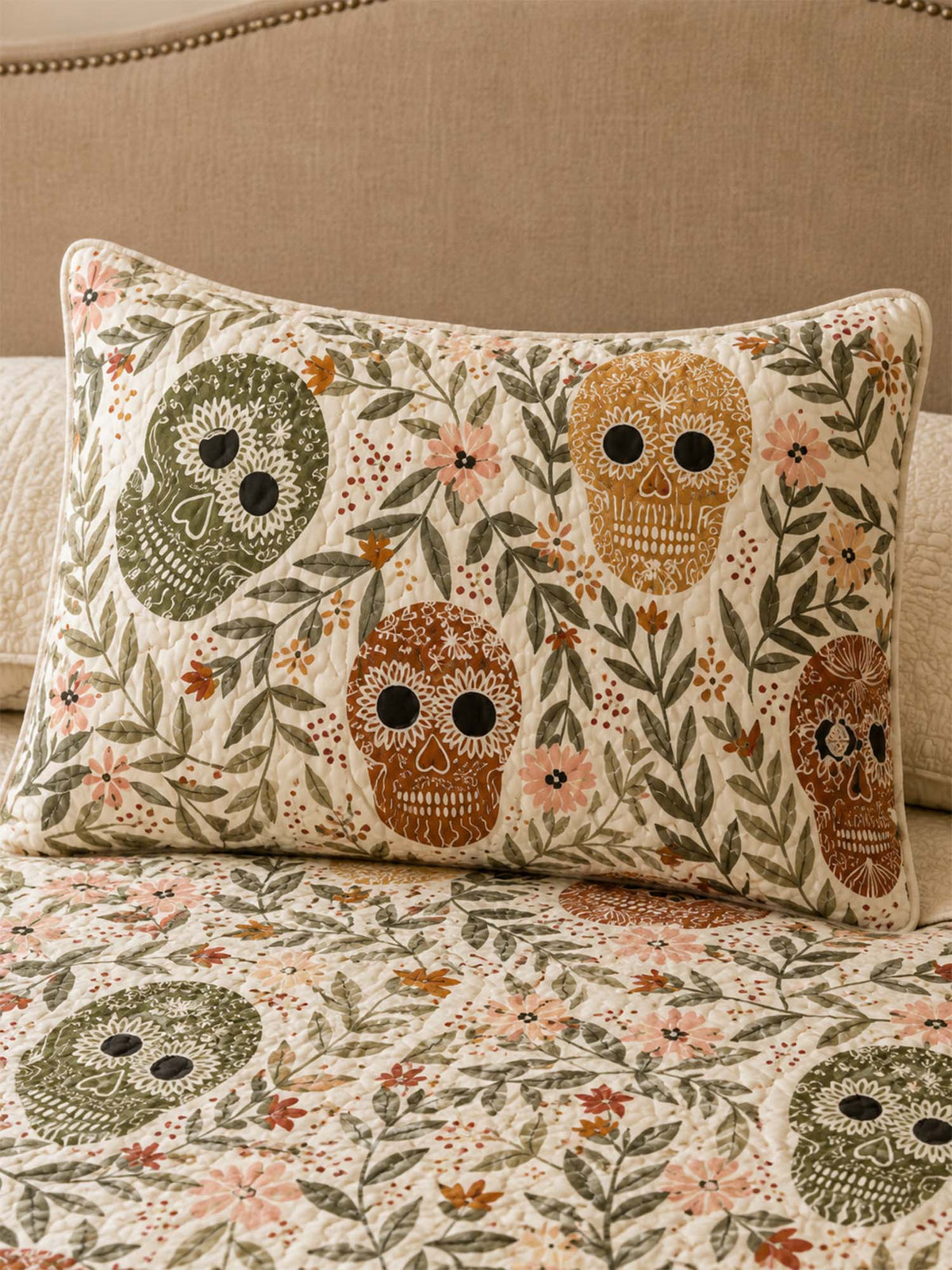 Sugar Skull Botanical Quilted 3-Piece Bedding Set