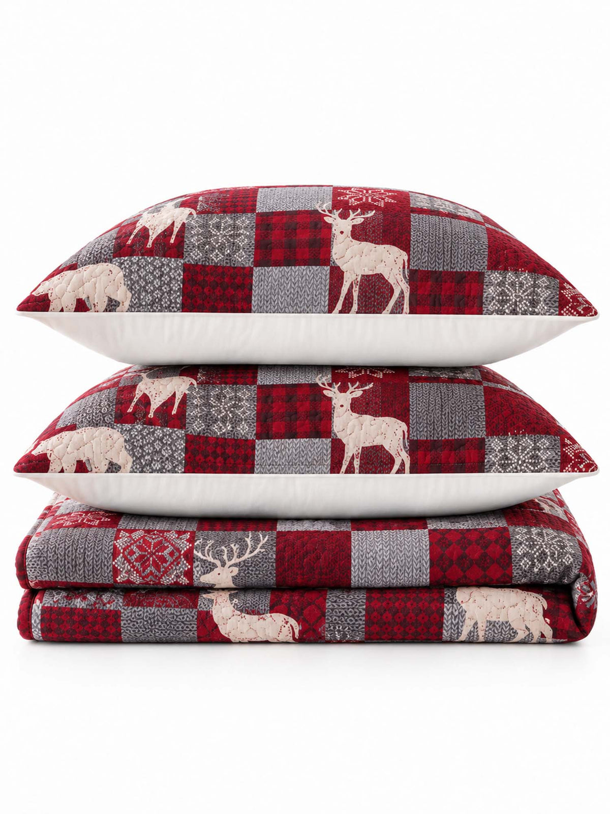 Woodland Deer Christmas Patchwork Quilted 3-Piece Bedding Set