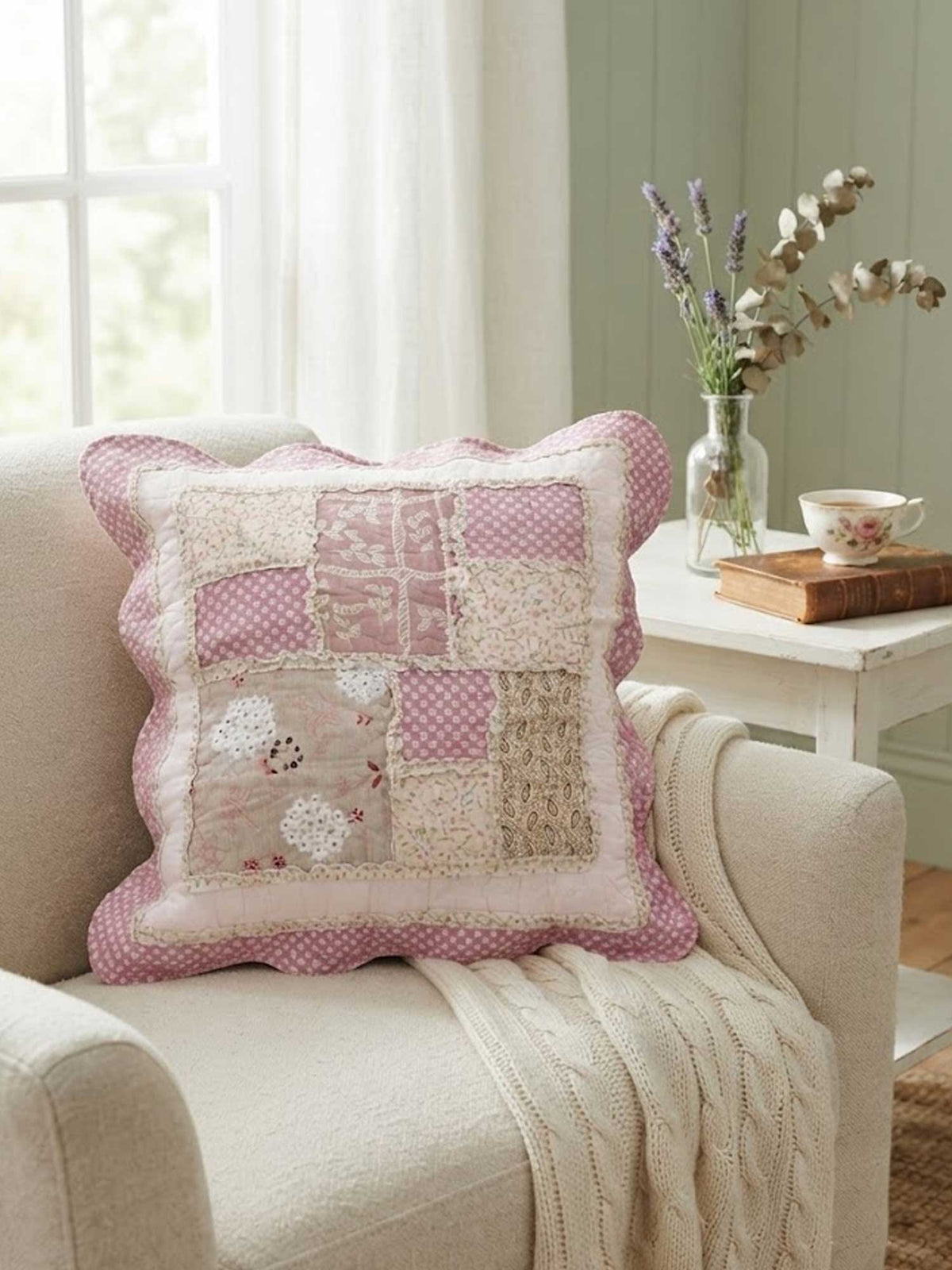 Pink Ditsy Floral Patchwork Quilted Pillow Cover