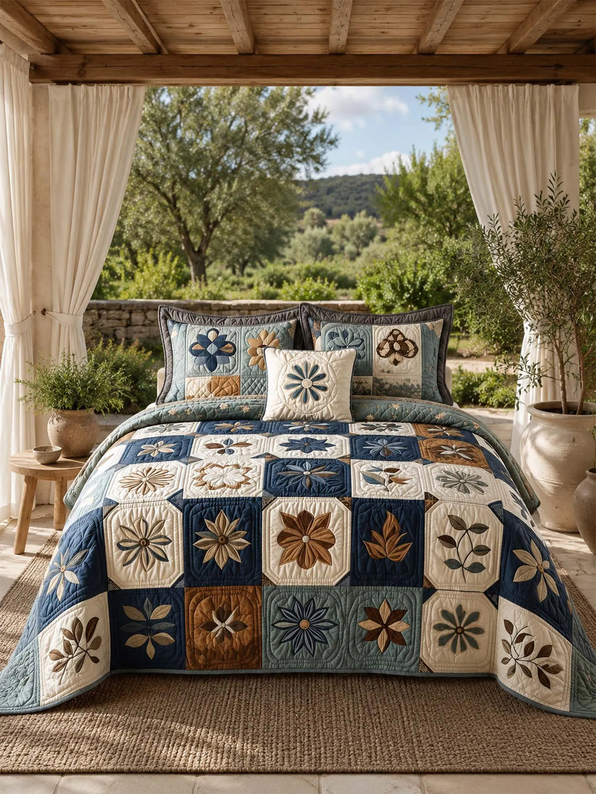 Vintage Cottage Floral Quilted 3-Piece Bedding Set