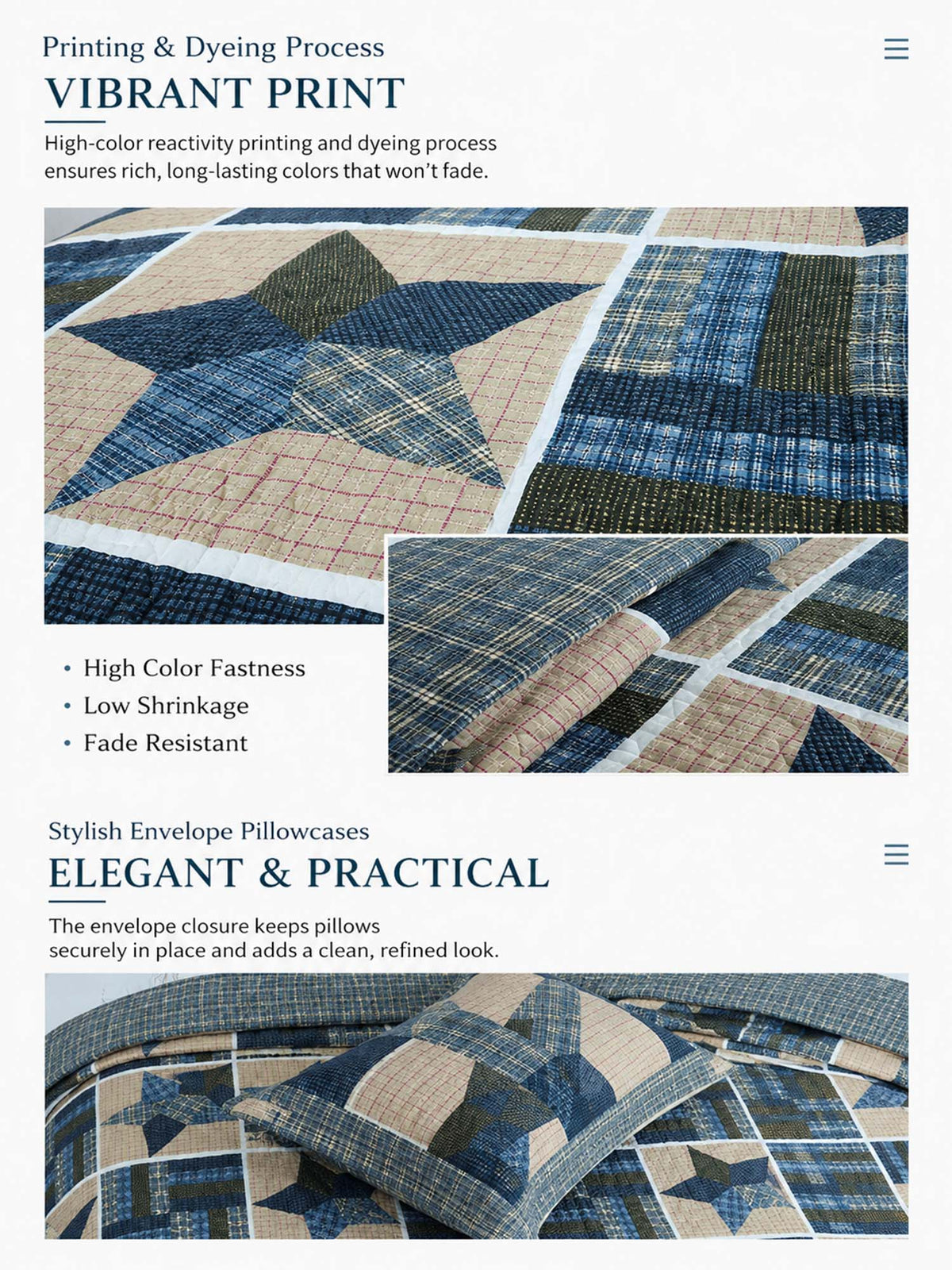 Navy Denim Blue Star Print Quilted 3‑Piece Bedding Set