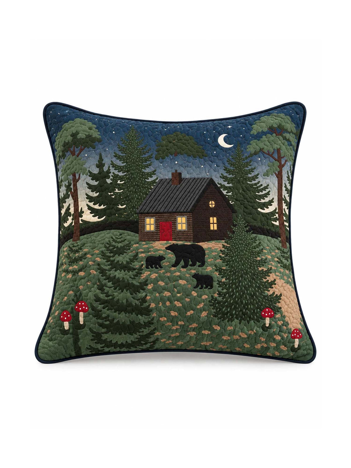 Moonlit Bear Cabin Forest Quilted Pillow Cover