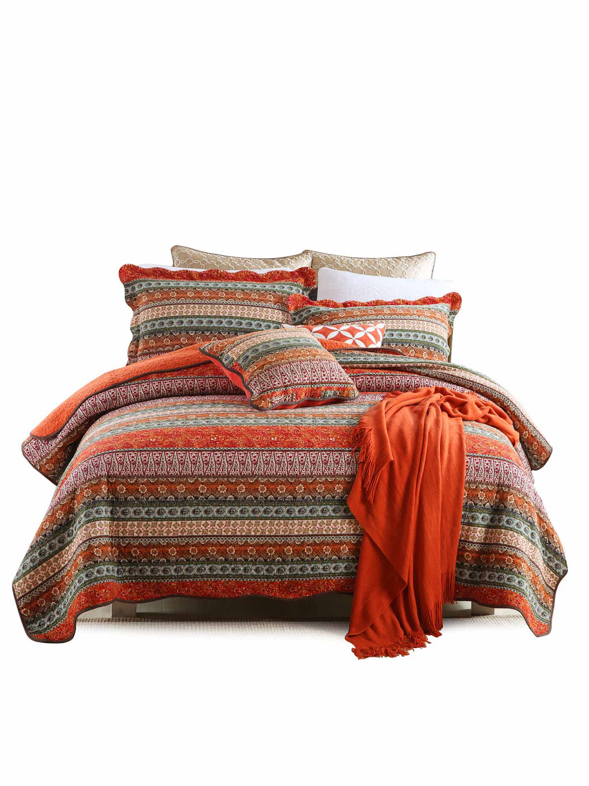 Rust Orange Bohemian Striped Patchwork Quilted 3‑Piece Bedding Set