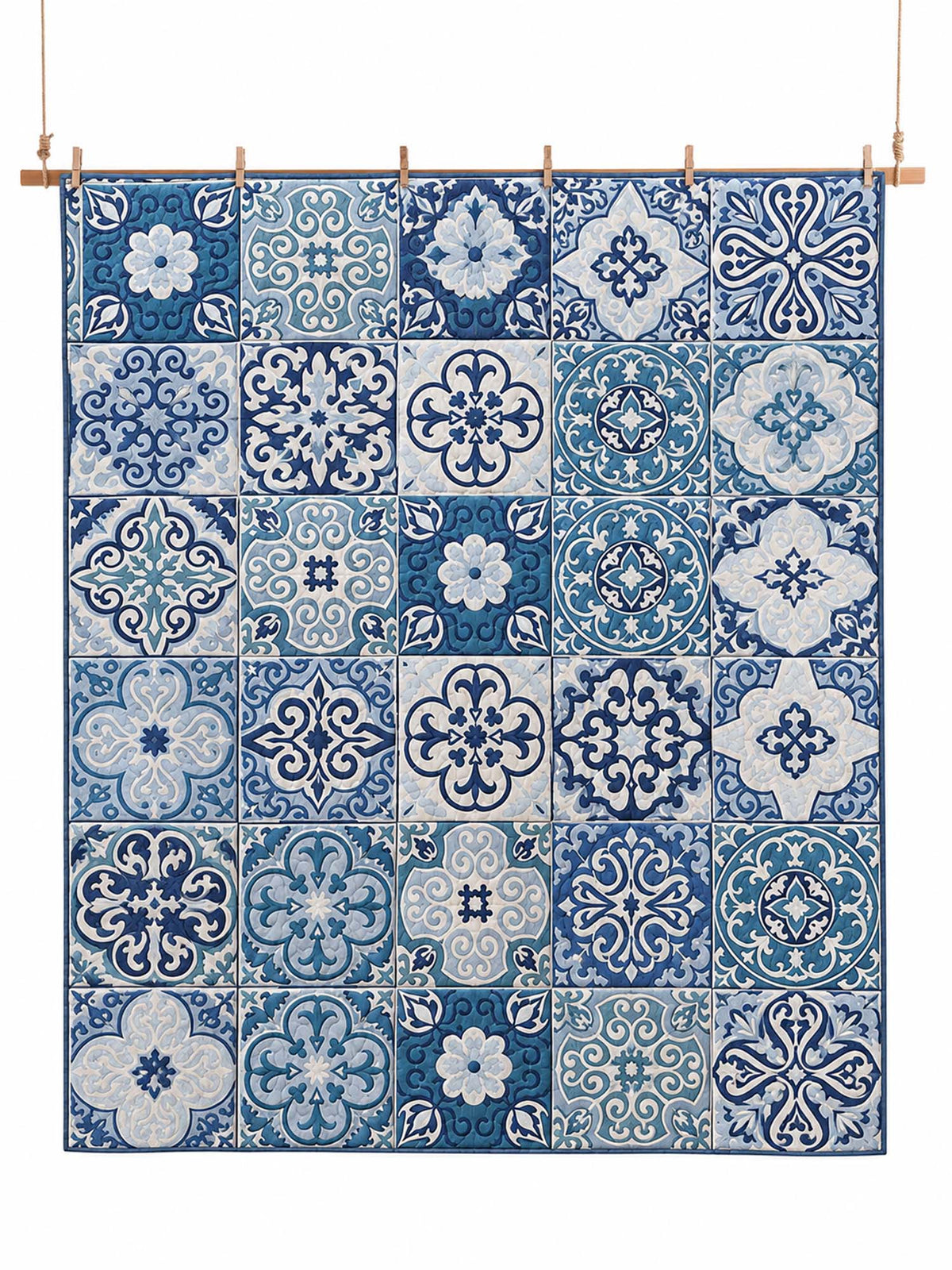 Blue Mediterranean Tile Patchwork Quilted 3-Piece Bedding Set