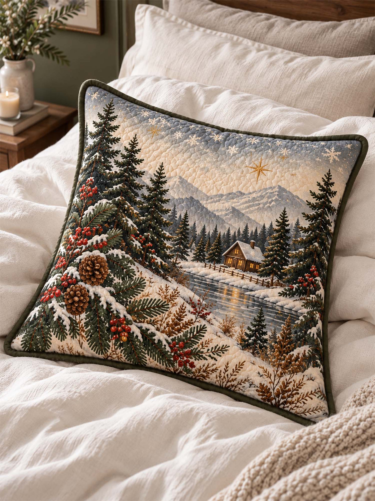 Winter Cabin & Plaid Christmas Quilted Pillow Covers 2-Piece Set