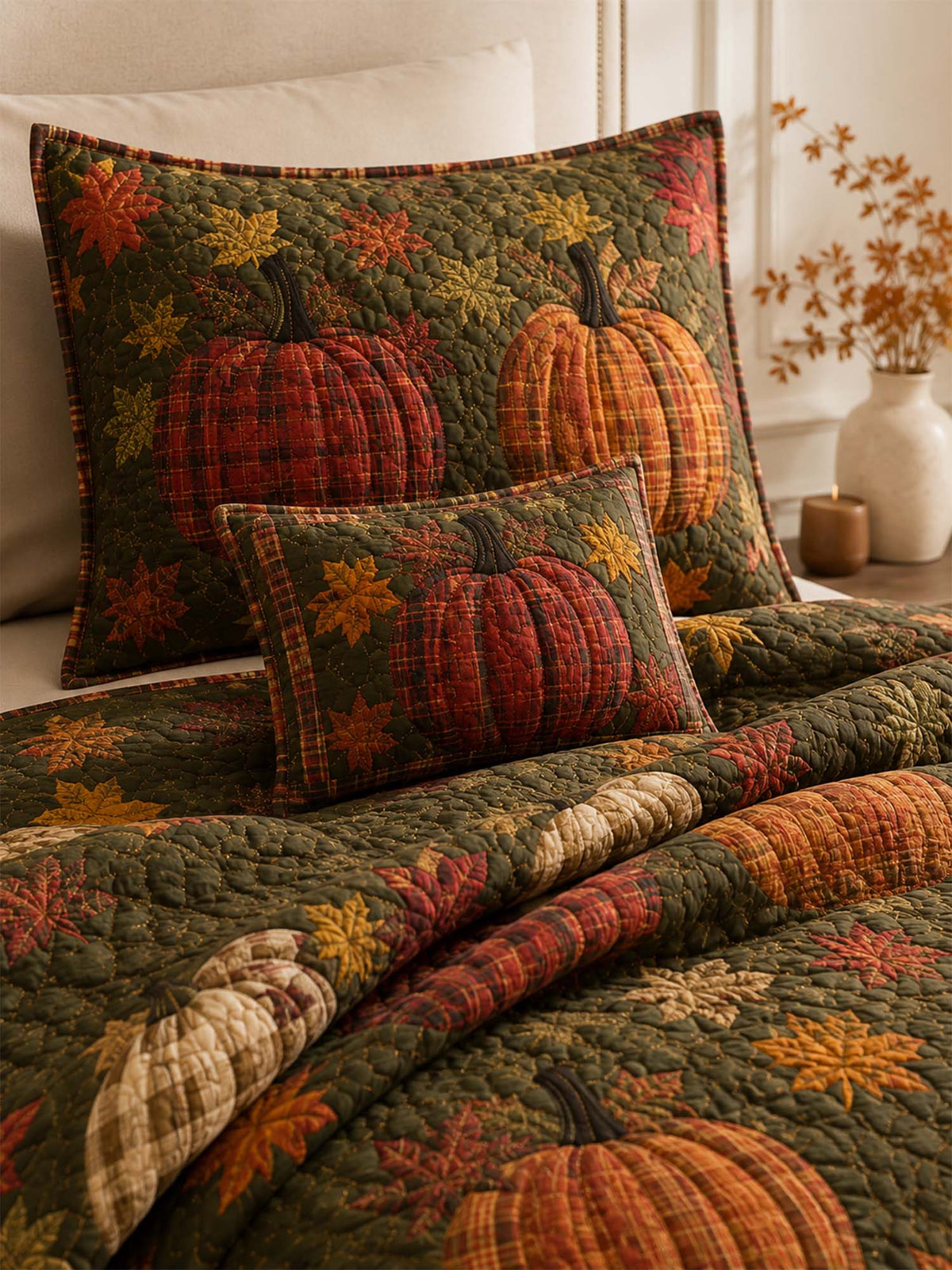 H.PAI Plaid Pumpkin Autumn Harvest Quilted 3-Piece Bedding Set