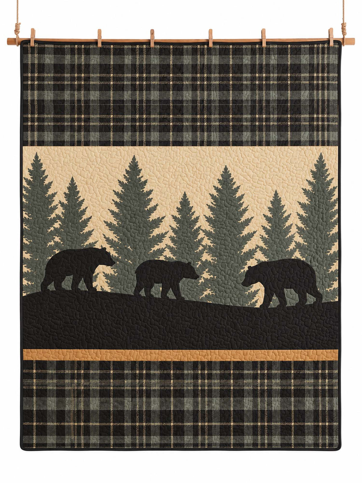 Black Bear Forest Plaid Quilted 3-Piece Bedding Set