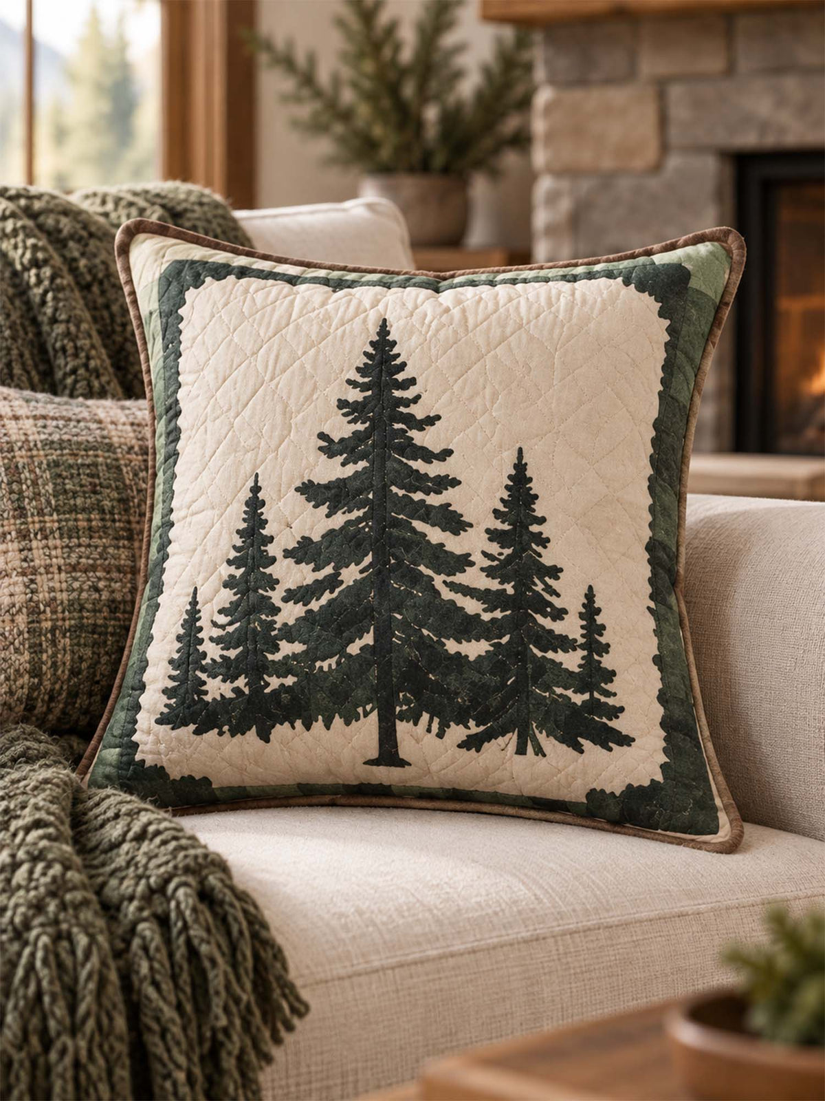 Evergreen Pine Forest Quilted Pillow Cover