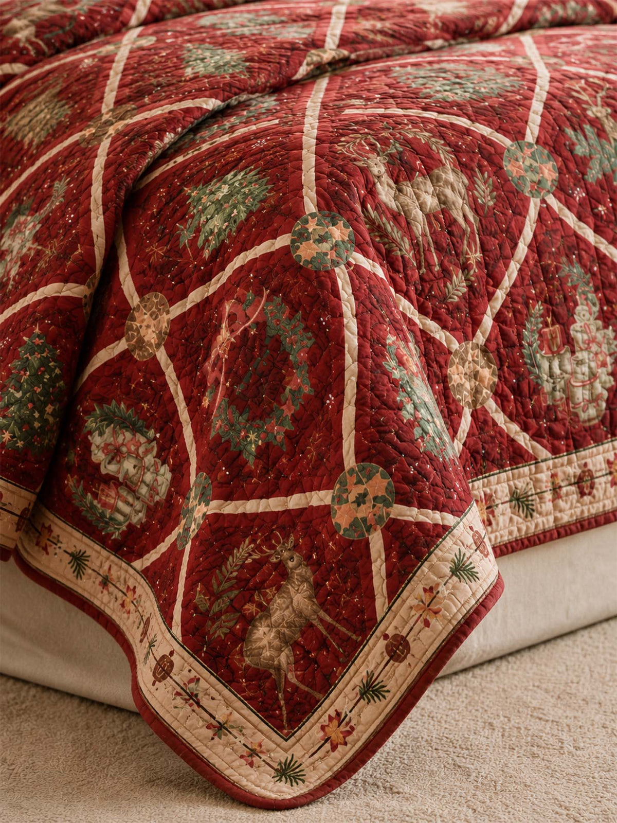 Reindeer Christmas Trellis Quilted 3-Piece Bedding Set