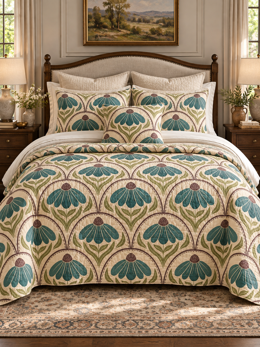 Blue Botanical Bloom Quilted 3-Piece Bedding Set