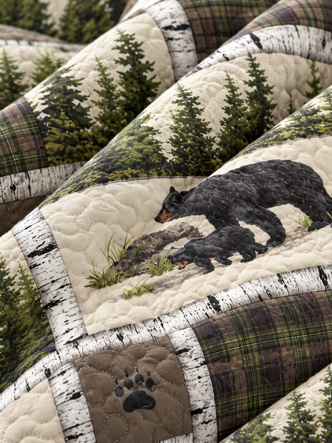 Black Bear Pine Forest Patchwork Quilted 3-Piece Bedding Set