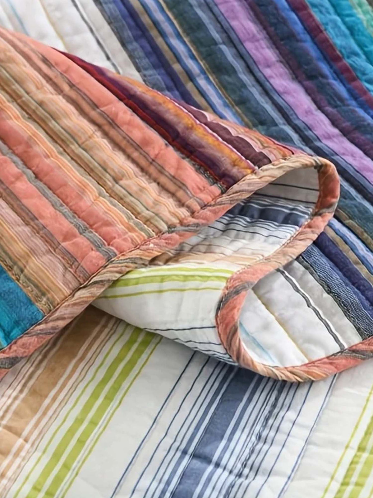 Retro Boho Multicolor Striped 100% Cotton Quilted 3-Piece Bedding Set