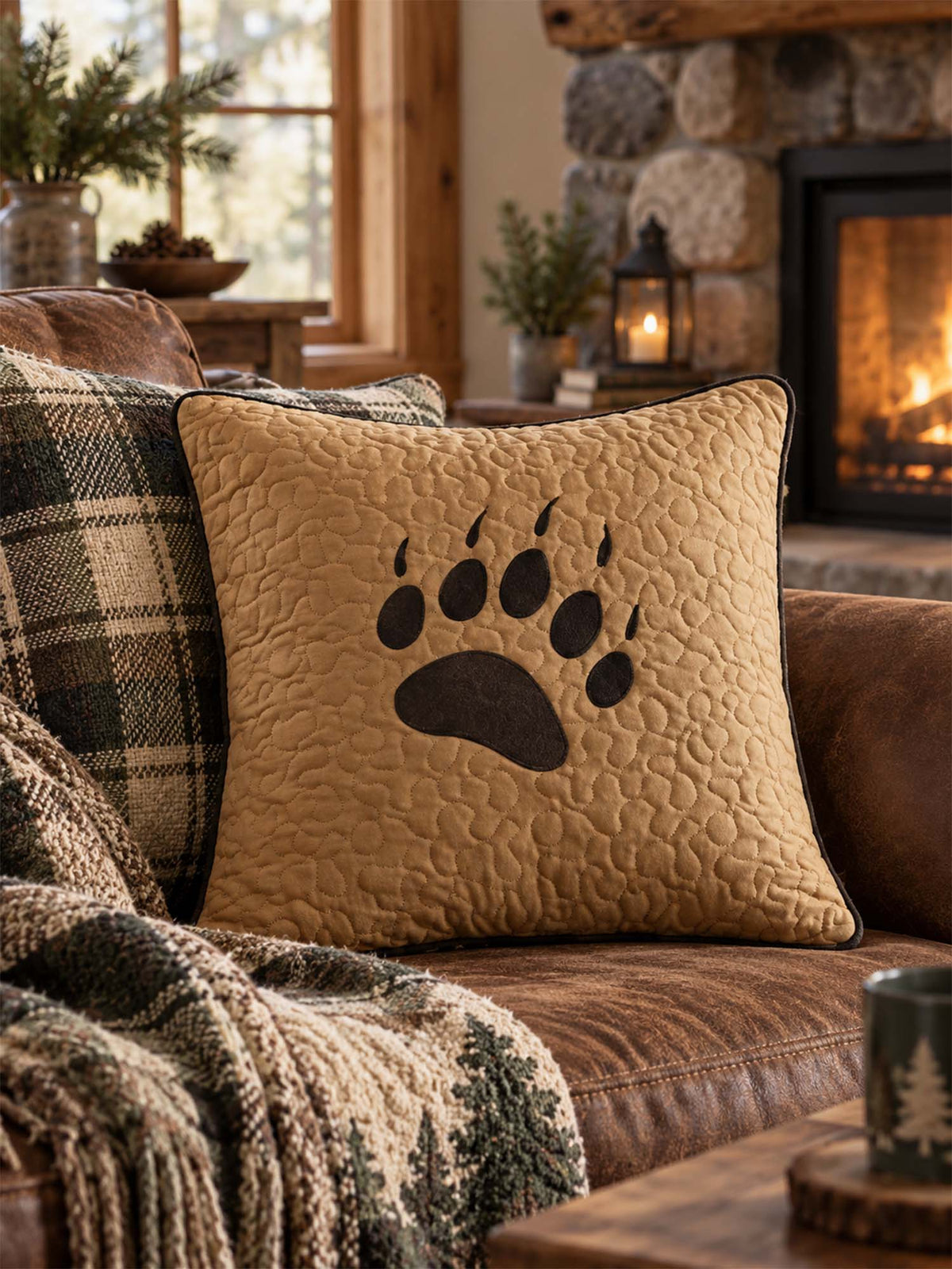 Bear Paw Rustic Cabin Quilted Pillow Cover