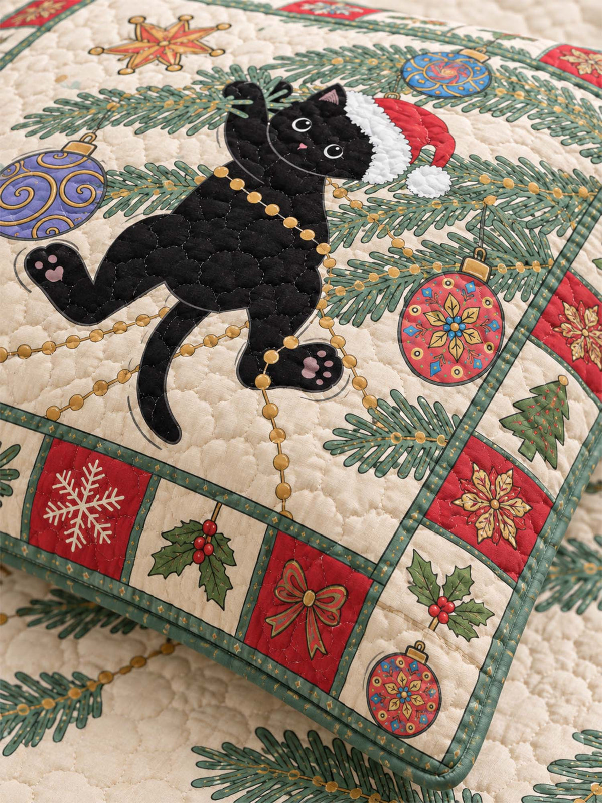 Festive Black Cat Christmas Quilted 3-Piece Bedding Set