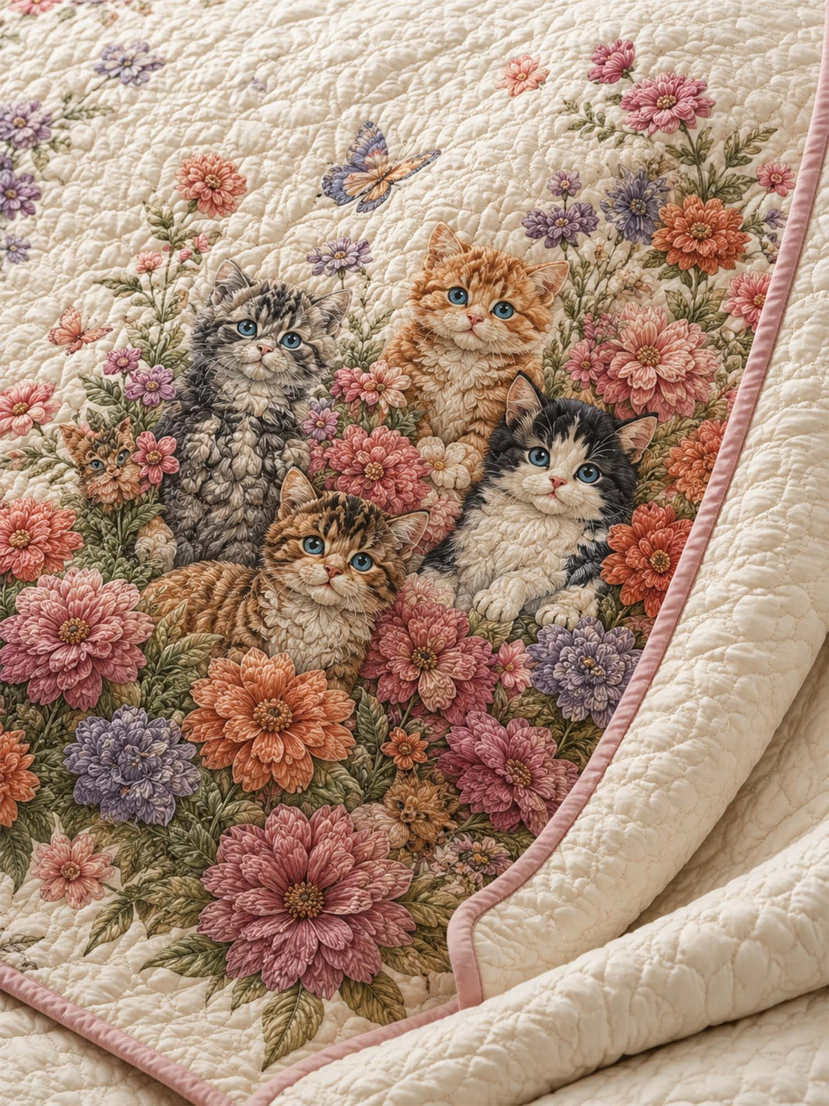 H.PAI Garden Cat Floral Quilted 3-Piece Bedding Set
