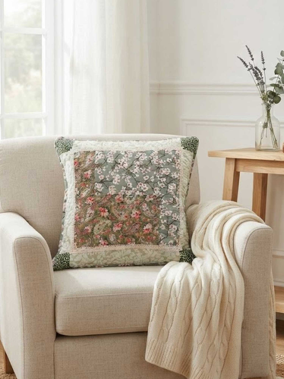 Green Vintage Floral Paisley Patchwork Quilted Pillow Cover