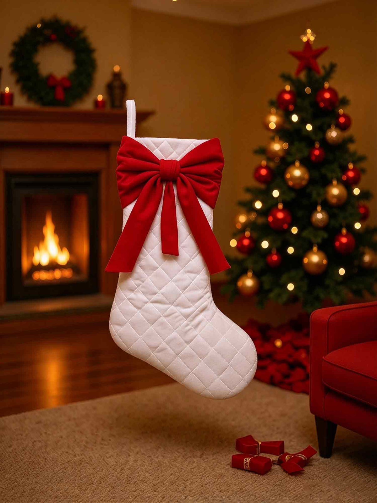 Quilted White Christmas Stocking with Red Velvet Bow