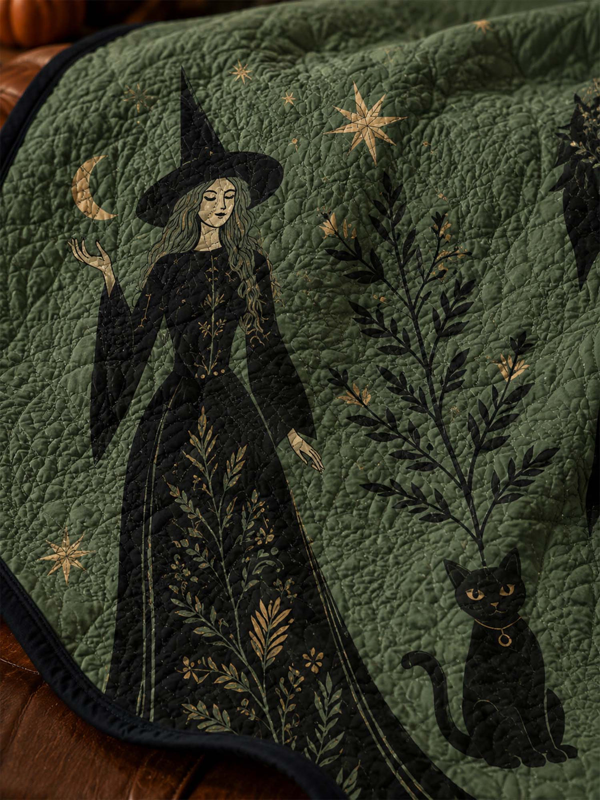 Moonlit Witch & Black Cat Quilted Blanket