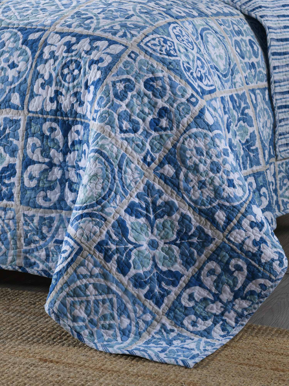 Coastal Boho Blue Portuguese Tile Print Quilted 3‑Piece Bedding Set