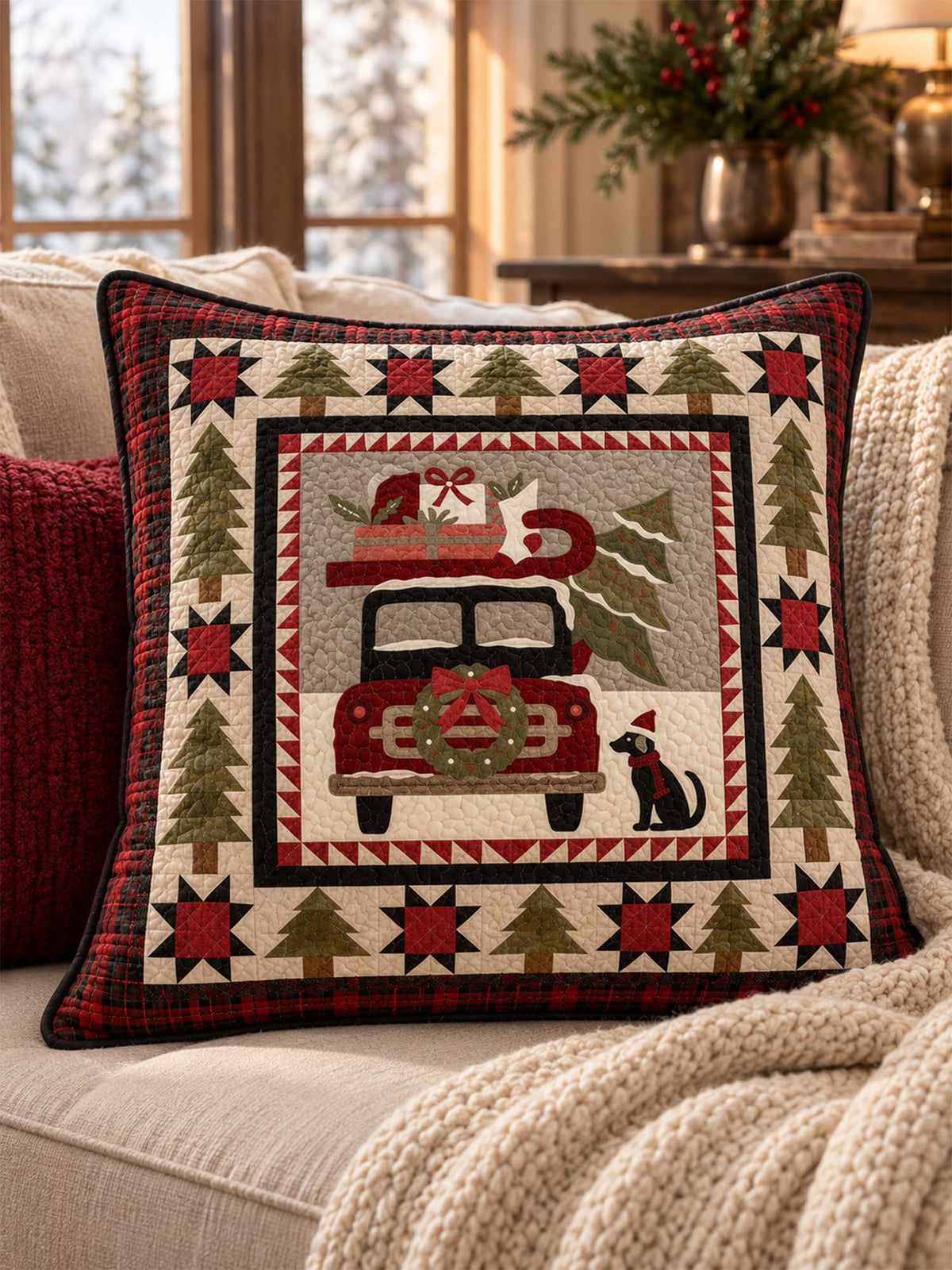 Vintage Christmas Red Truck & Black Cat Plaid Quilted Pillow Cover
