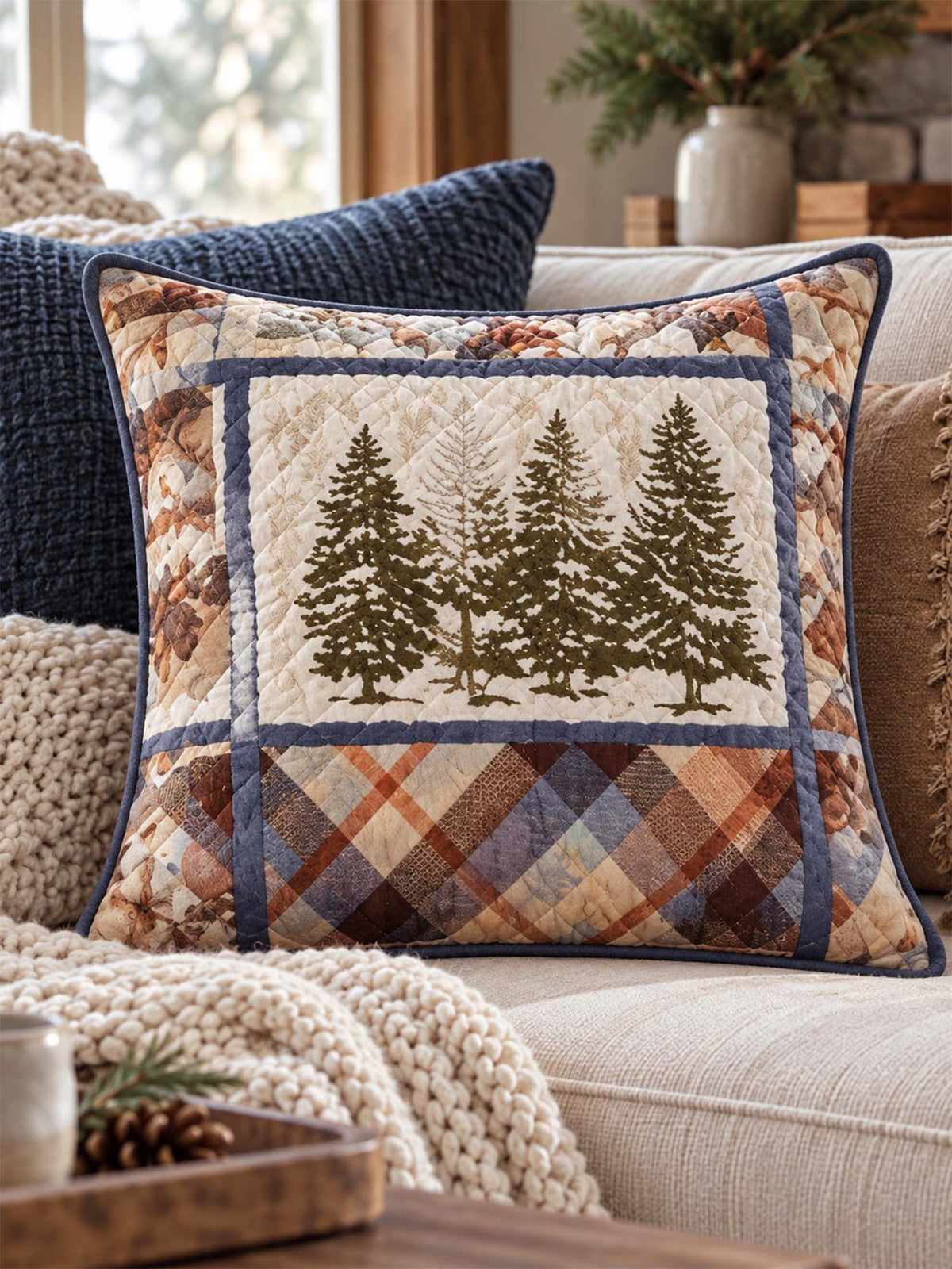 Evergreen Pine Forest Plaid Quilted Pillow Cover