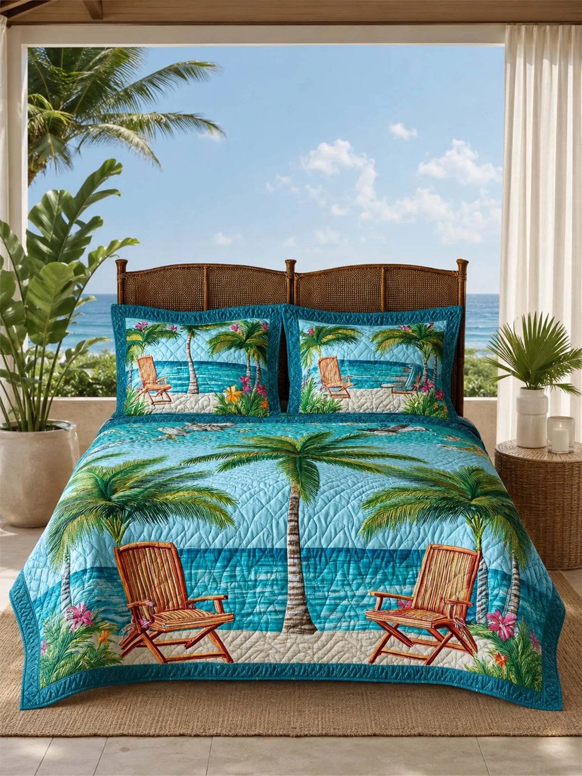 Tropical Palm Tree Quilted 3-Piece Bedding Set