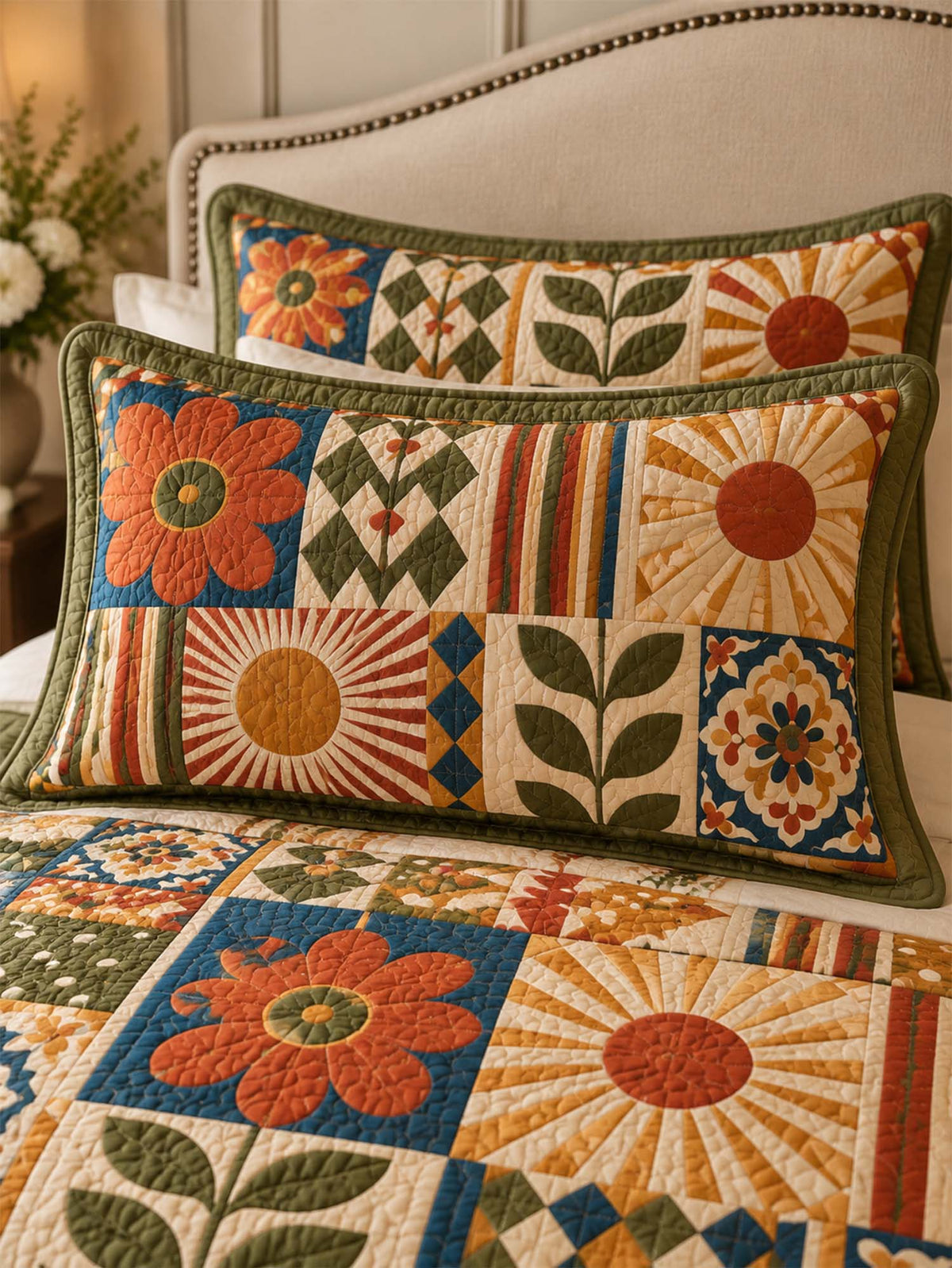 Retro Floral Geometric Patchwork Quilted 3-Piece Bedding Set