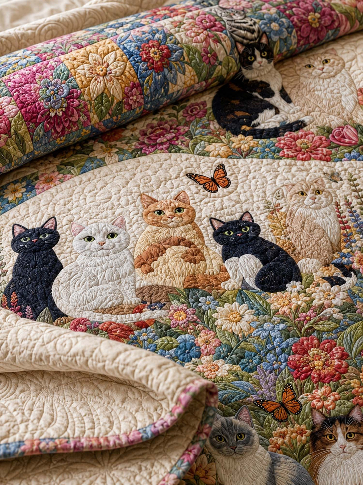 H.PAI Wildflower Cat Garden Quilted 3-Piece Bedding Set