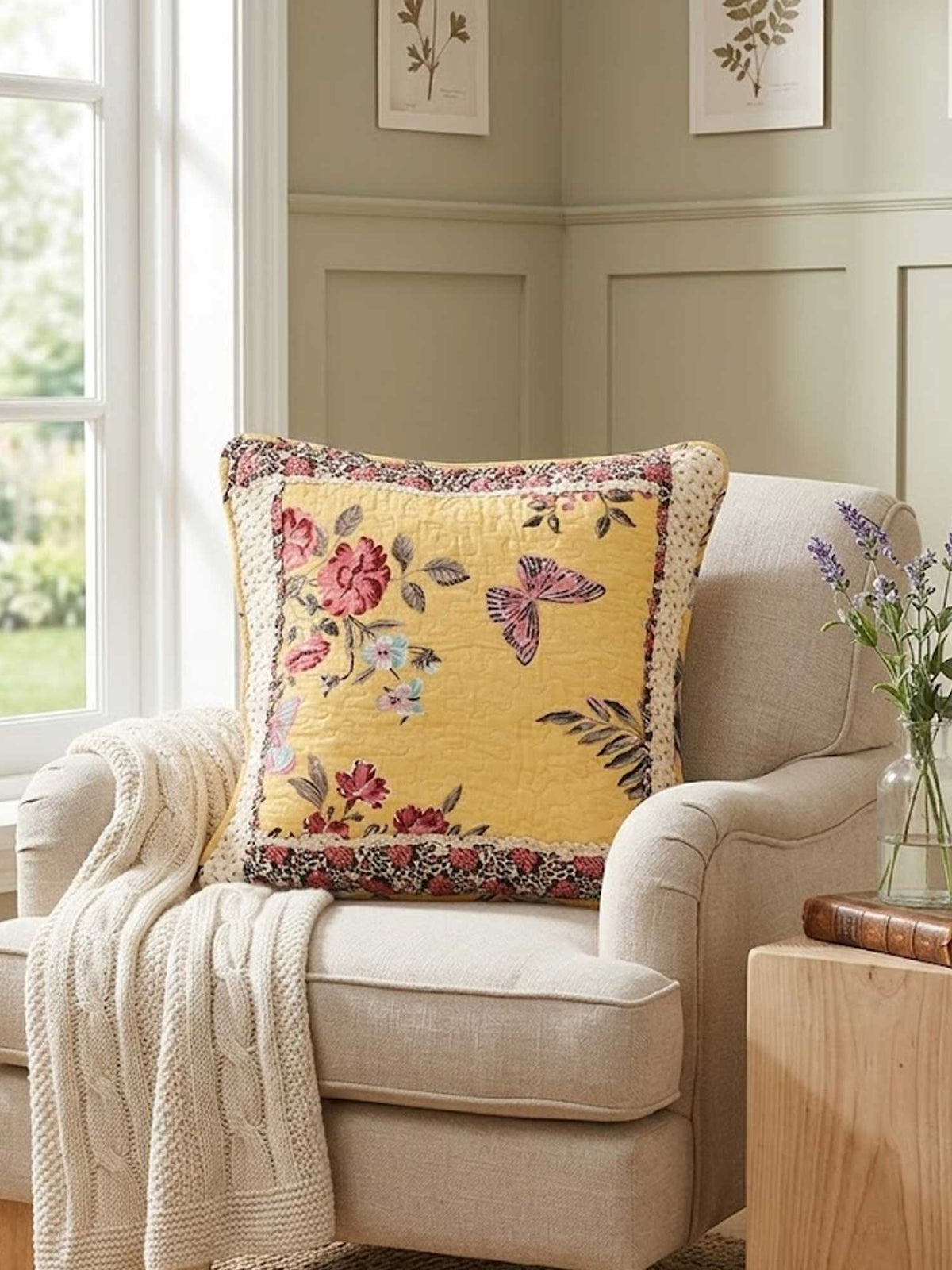 Yellow Butterfly Floral Quilted Pillow Cover