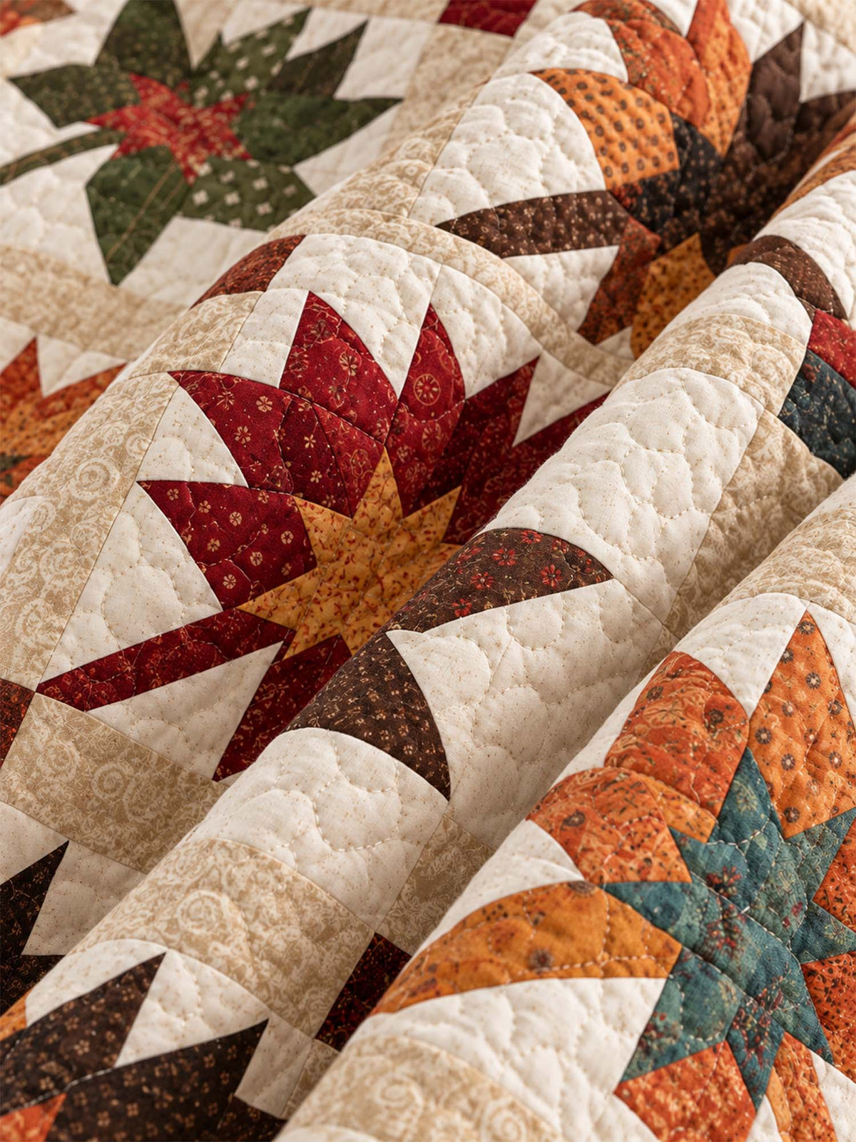 Vintage Leaf Geometric Patchwork Quilted 3-Piece Bedding Set
