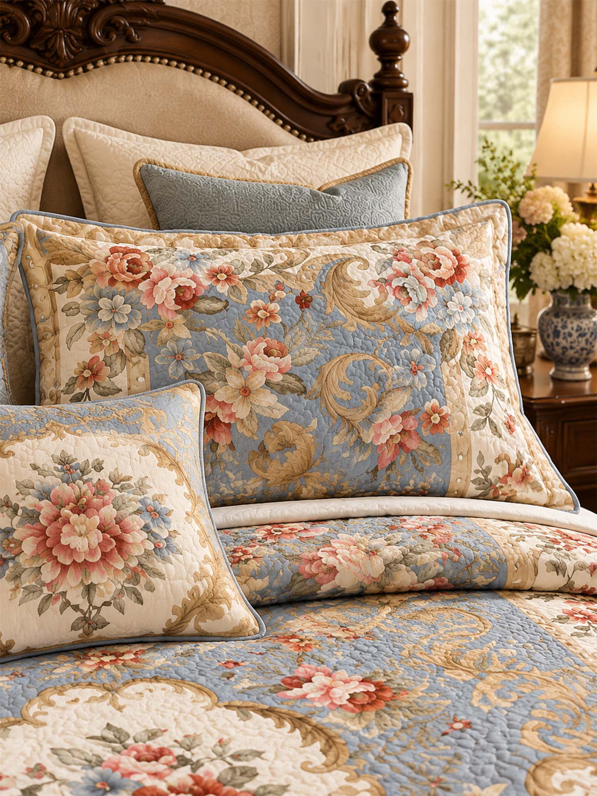 Vintage Blue Floral Baroque Quilted 3-Piece Bedding Set