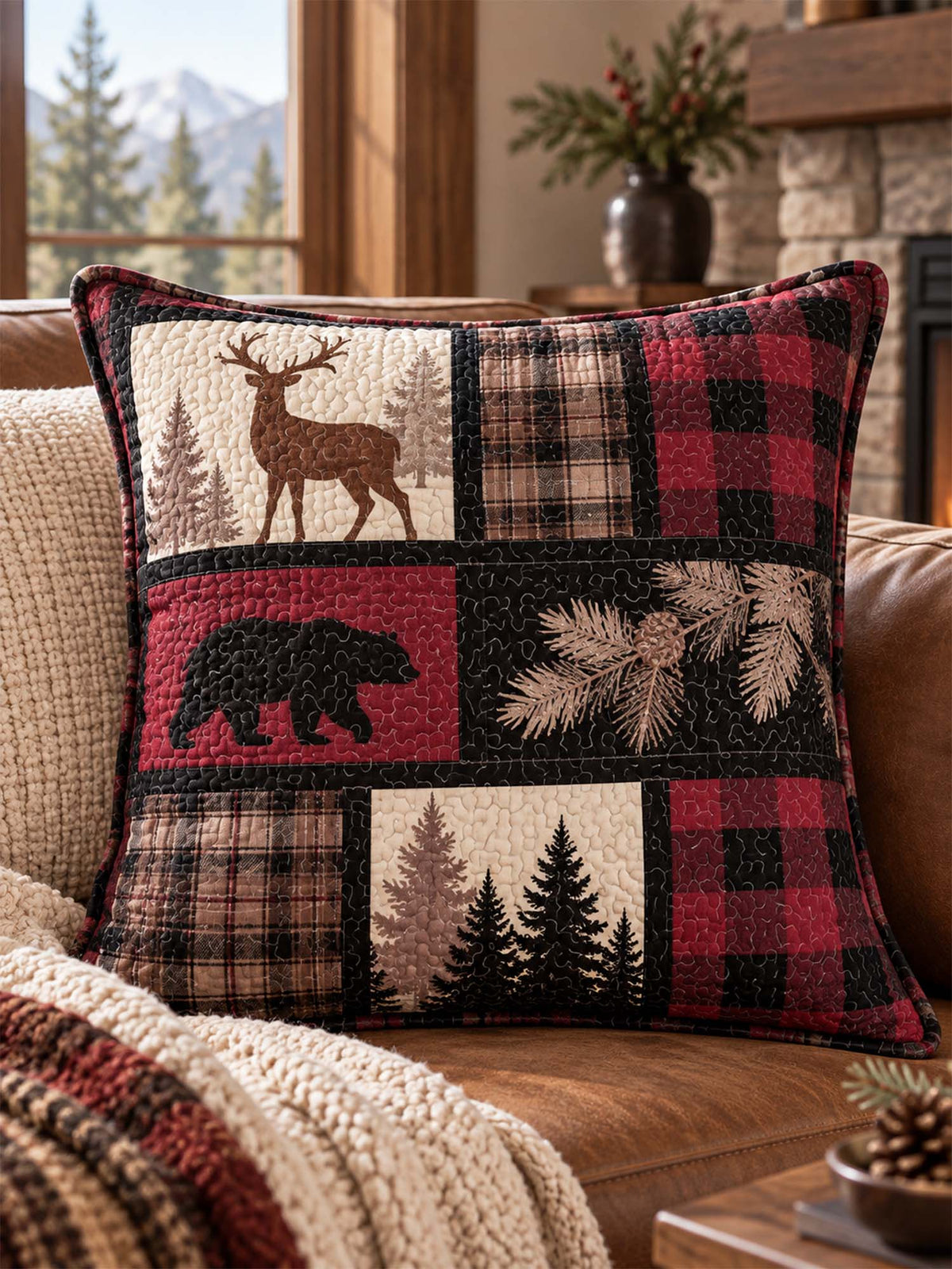 Burgundy Bear & Deer Plaid Woodland Quilted Pillow Cover