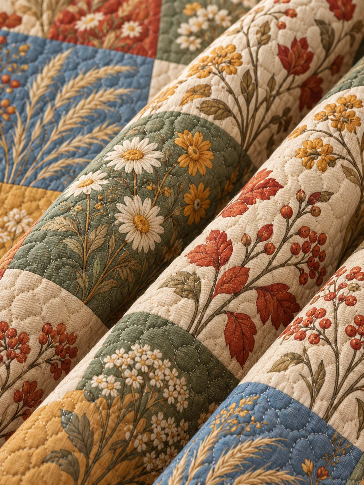 Autumn Botanical Patchwork Quilted 3-Piece Bedding Set