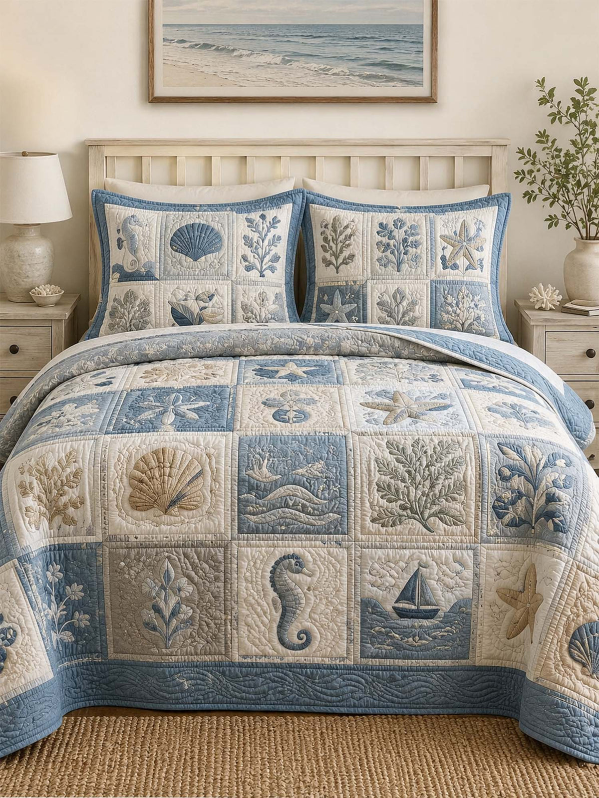 Coastal Ocean Quilted 3-Piece Bedding Set