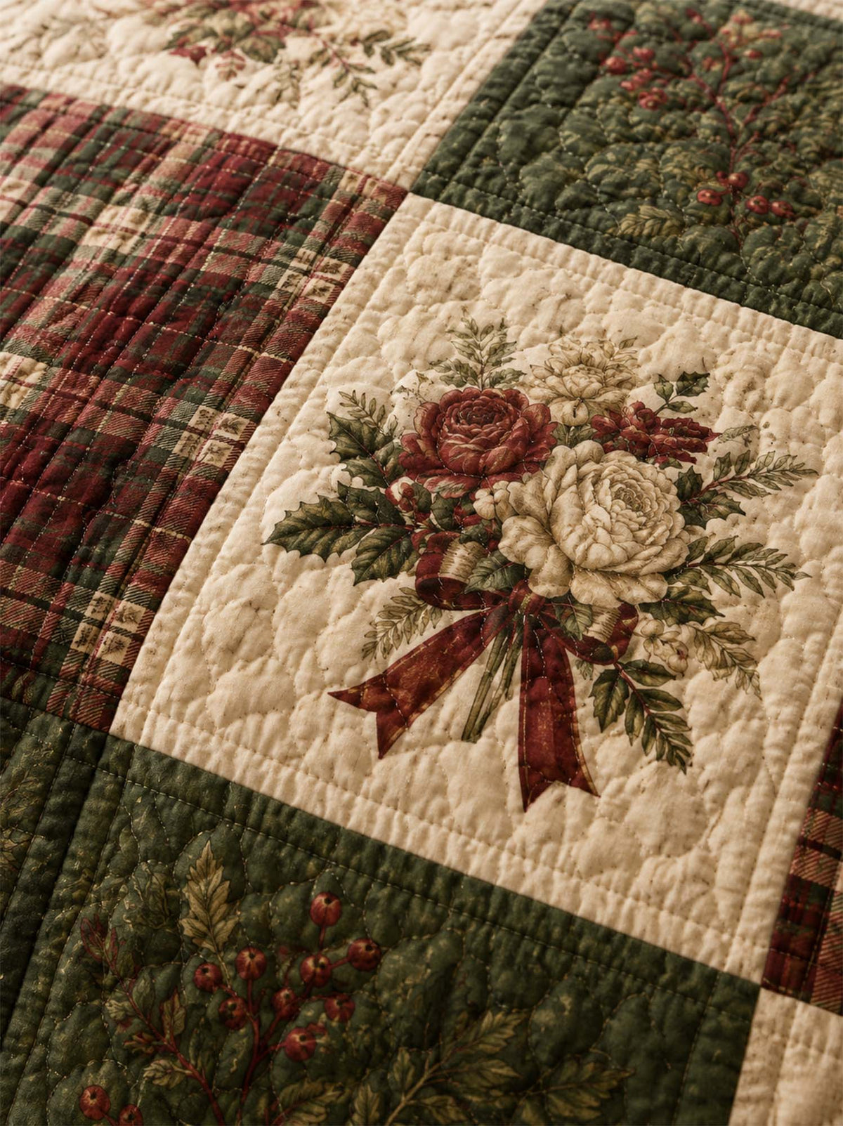 Christmas Rose Patchwork Quilted 3-Piece Bedding Set
