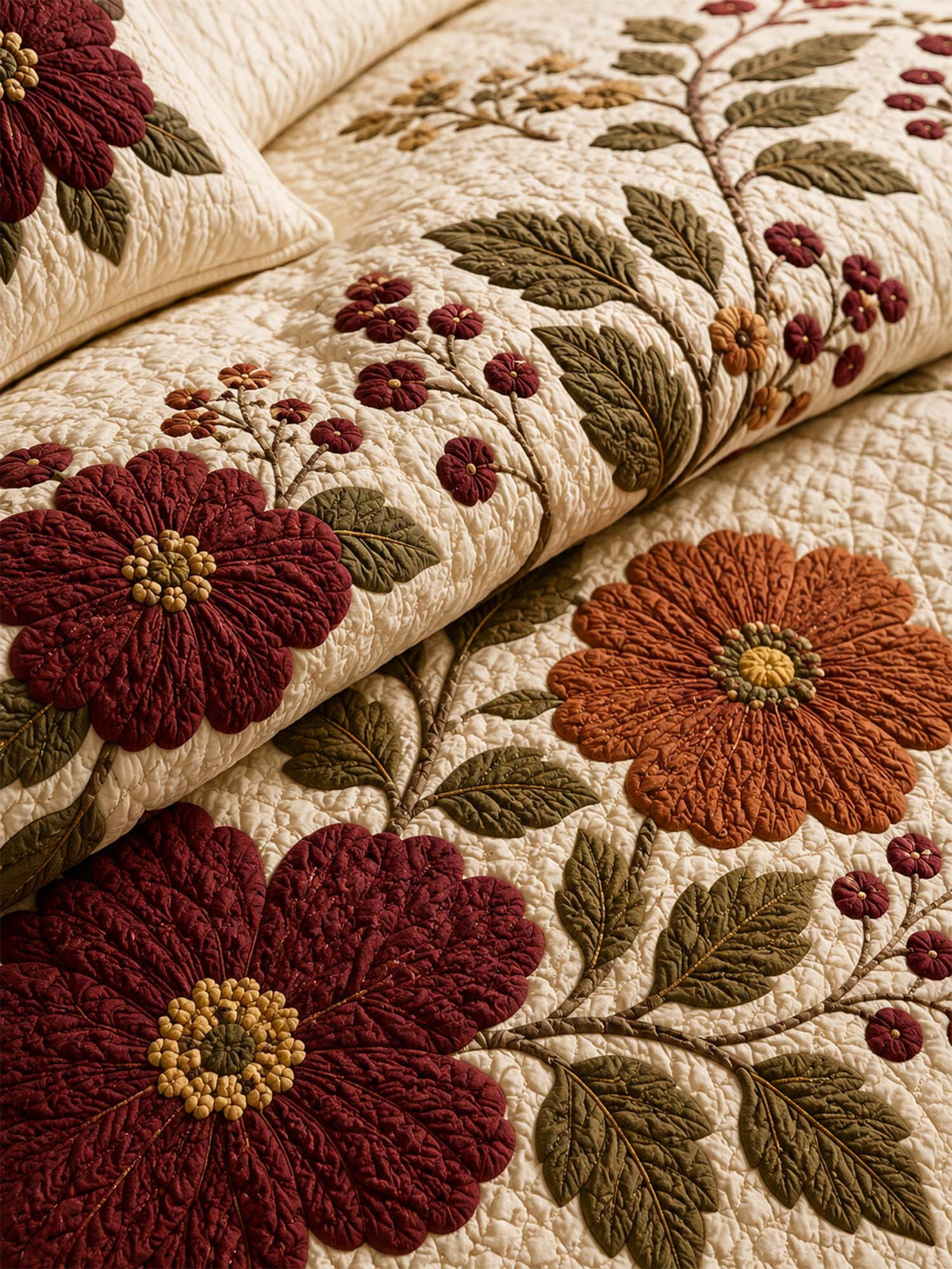 H.PAI Vintage Floral Quilted 3-Piece Bedding Set