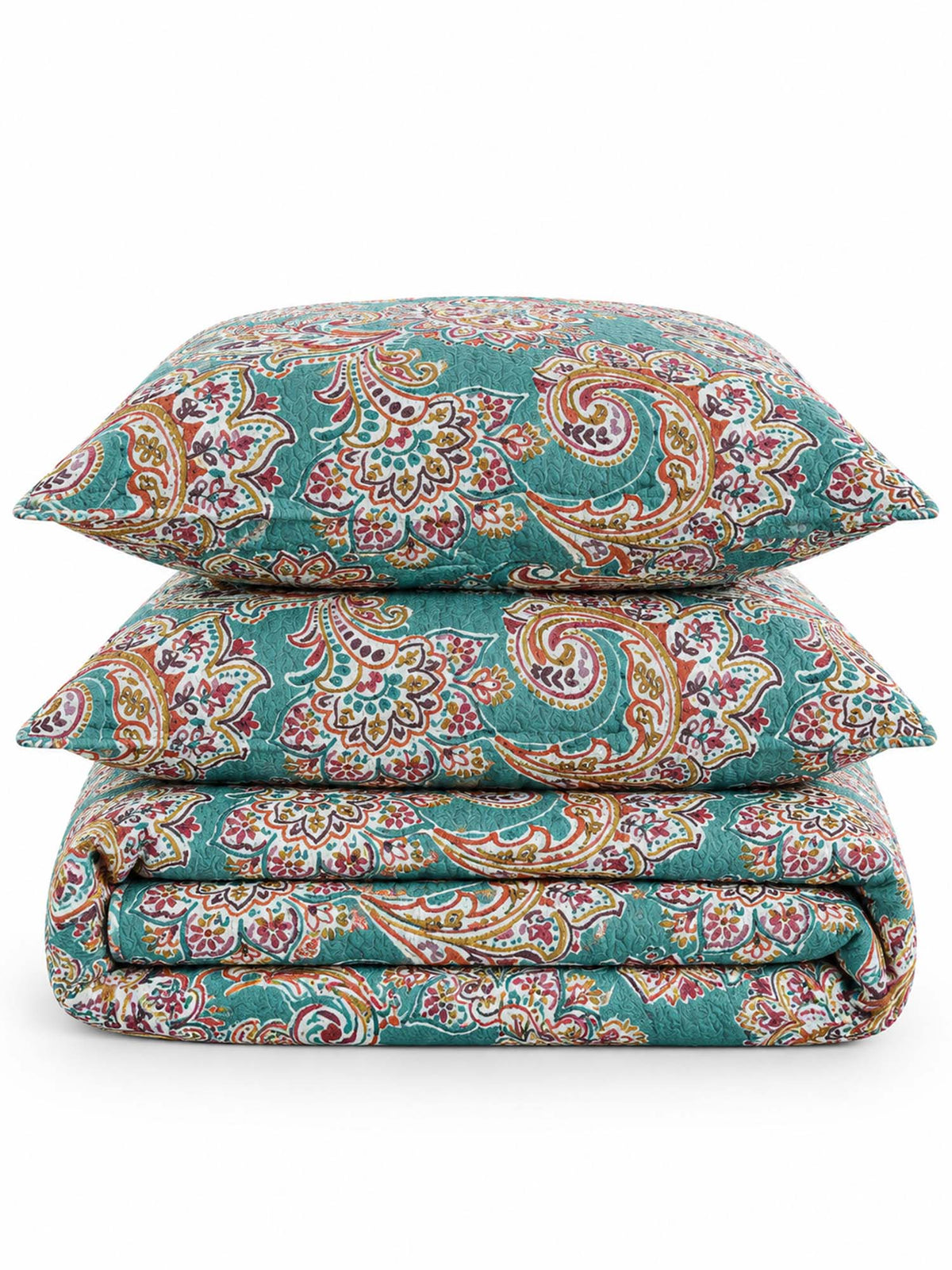 Teal Paisley Floral 100% Cotton Quilted 3-Piece Bedding Set