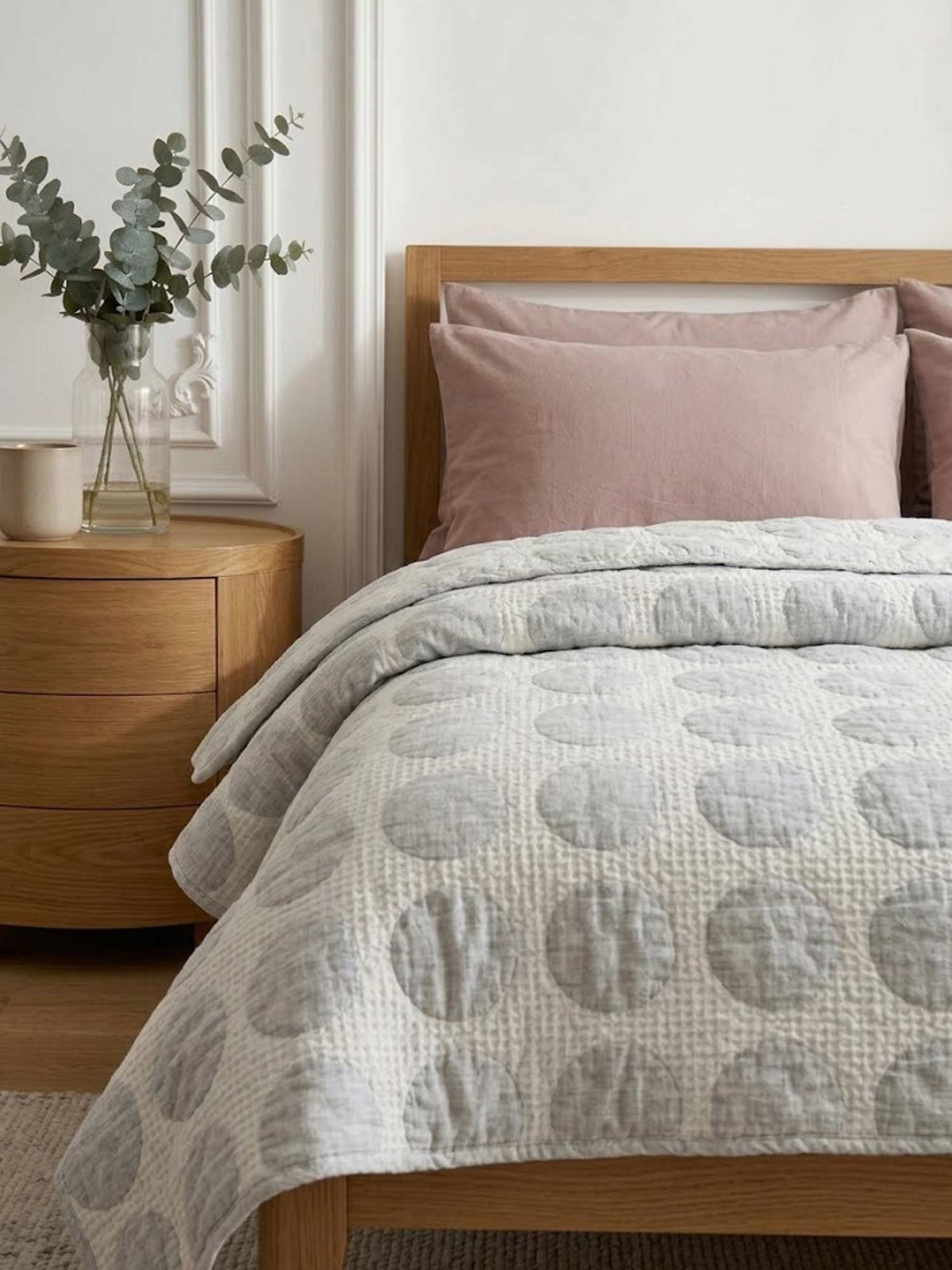 Dusty Blue Polka Dot Embossed Quilted Bedspread Cotton Puff Quilt Blanket