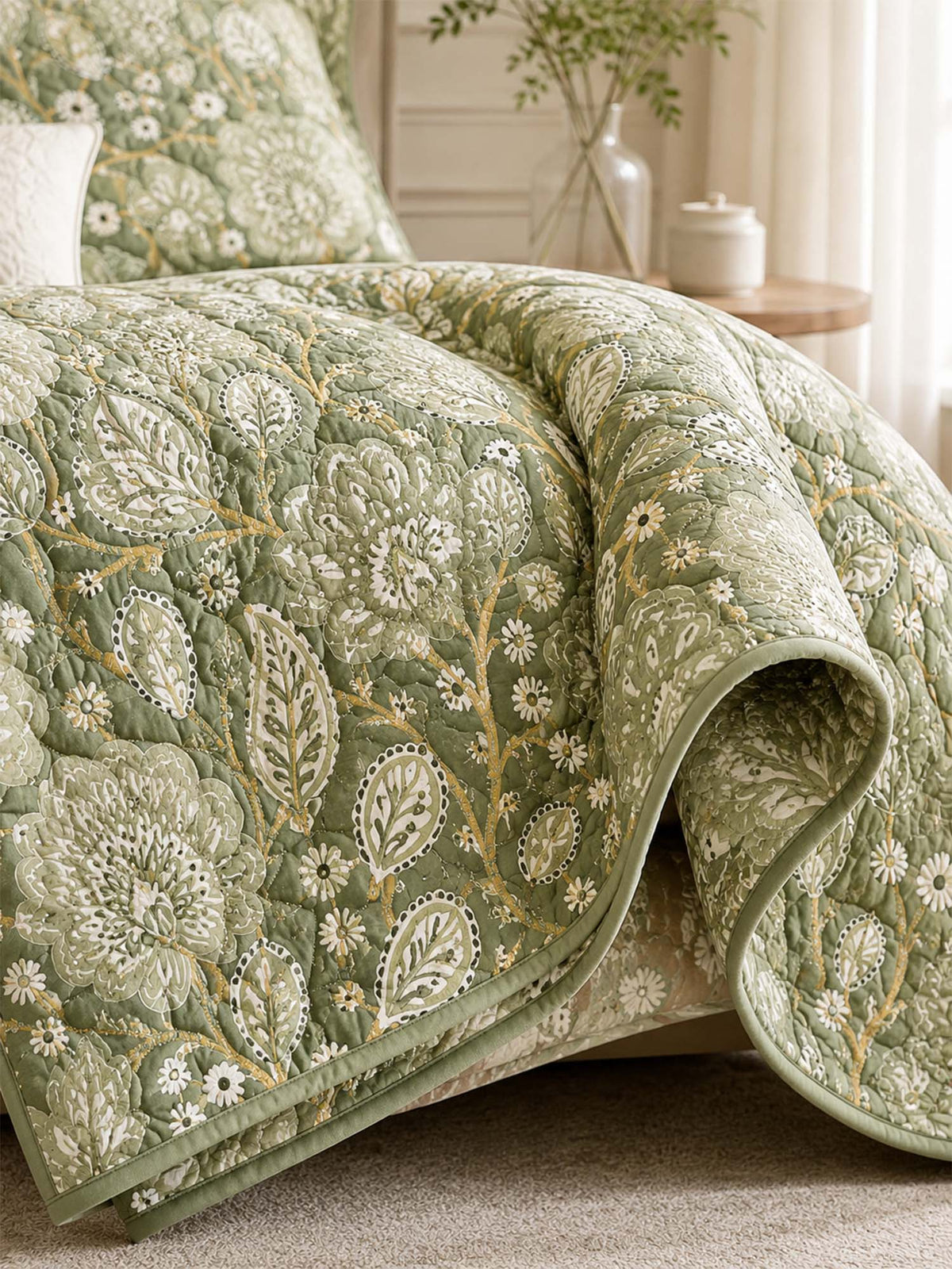 H.PAI Sage Botanical Garden Quilted 3-Piece Bedding Set