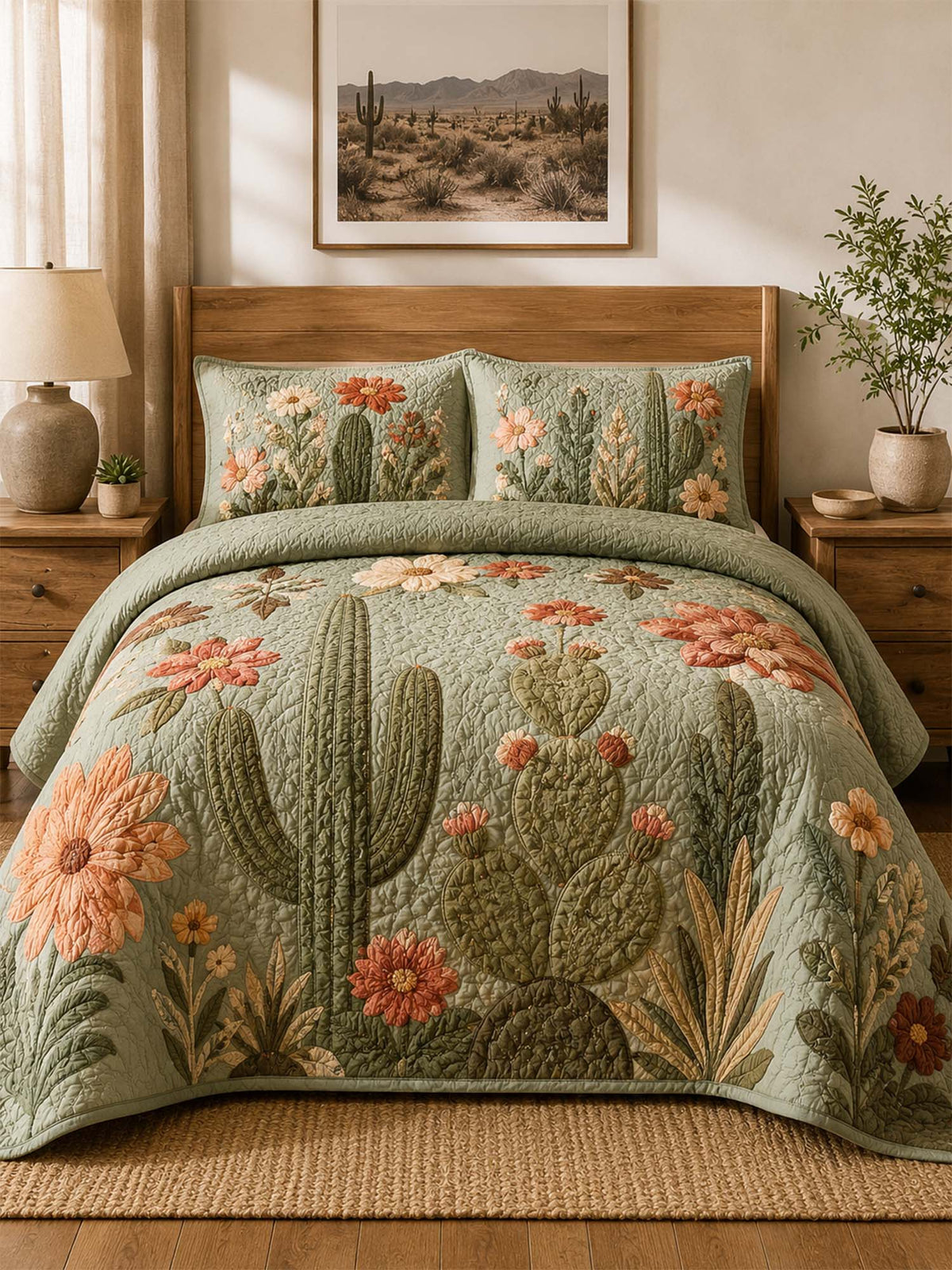 H.PAI Cactus Garden Floral Quilted 3-Piece Bedding Set