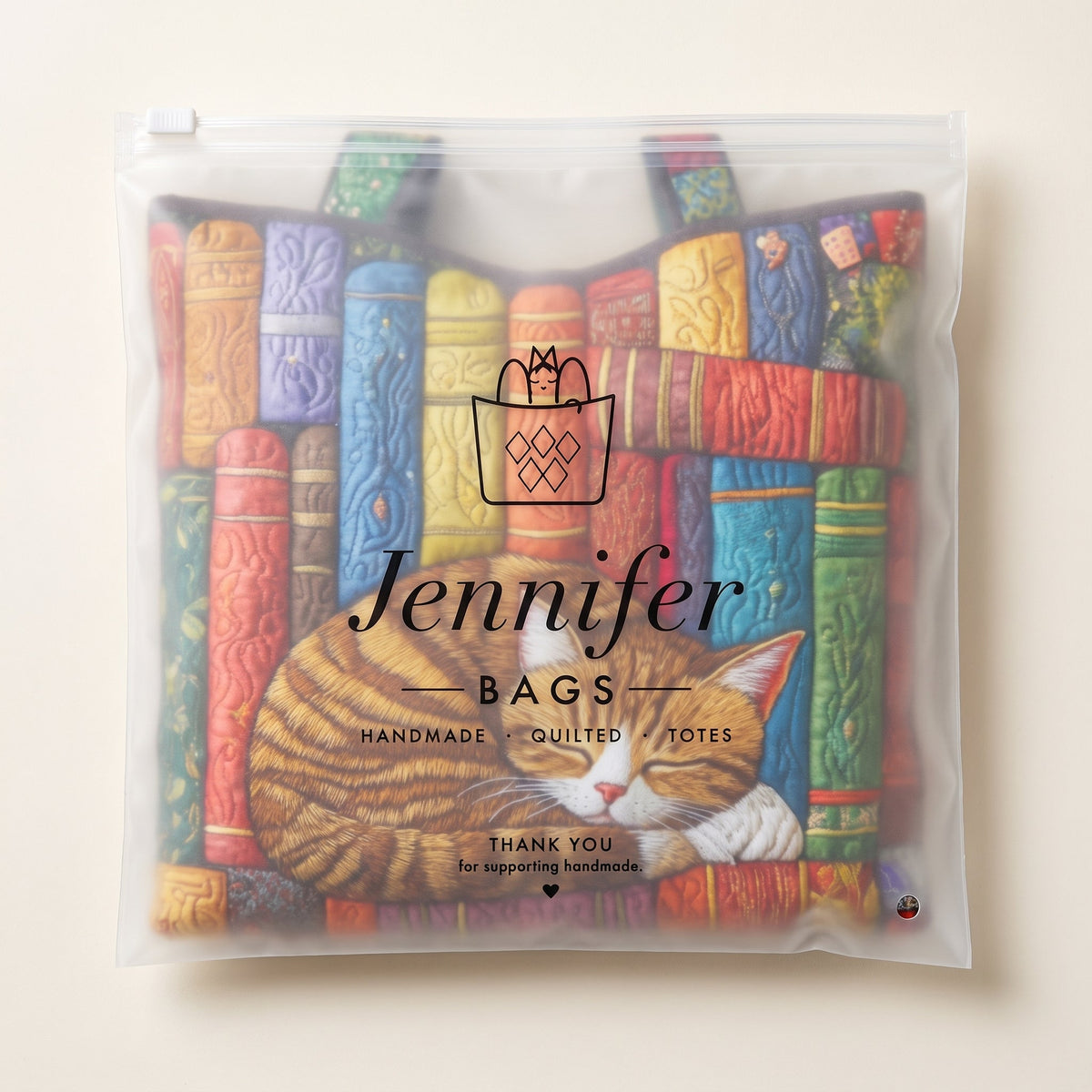 Vintage Library Cat Quilted Tote Bag