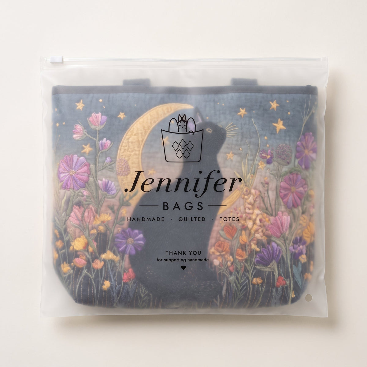 Blossom Night Cat Quilted Tote Bag