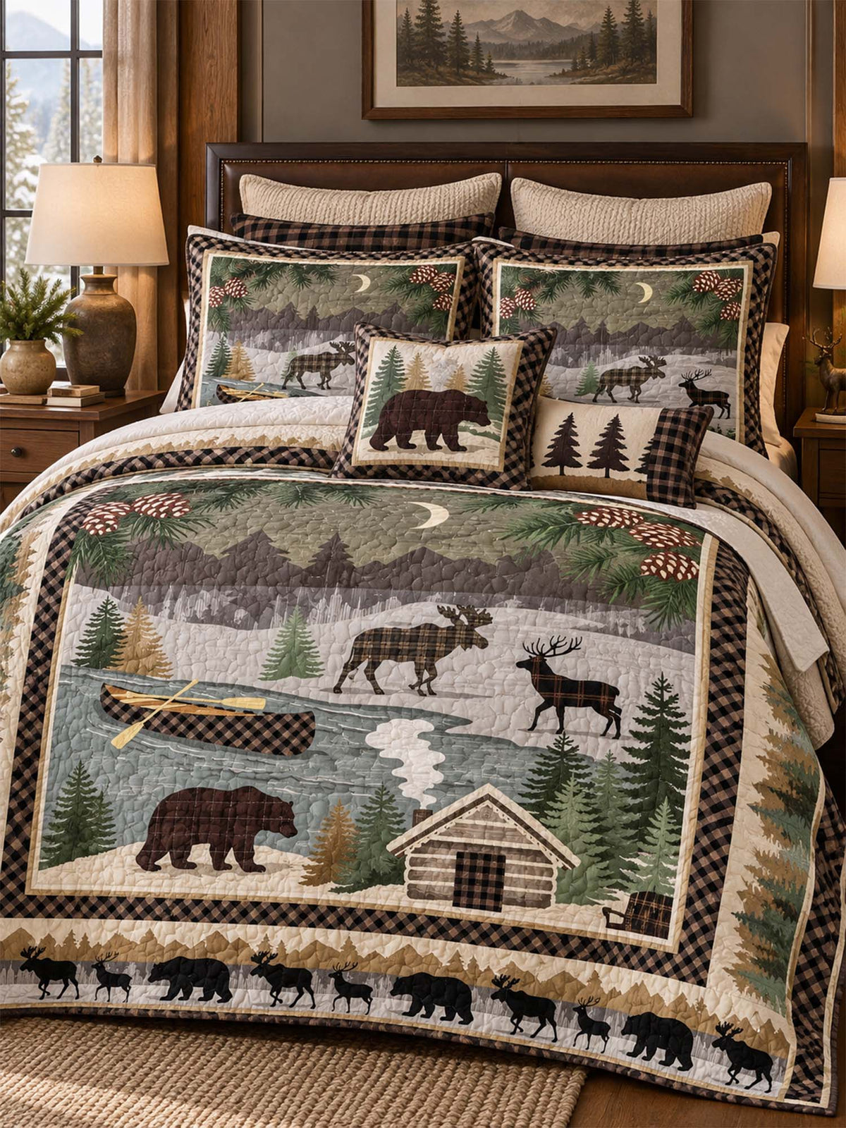 Woodland Bear and Moose Patchwork Quilted 3-Piece Bedding Set