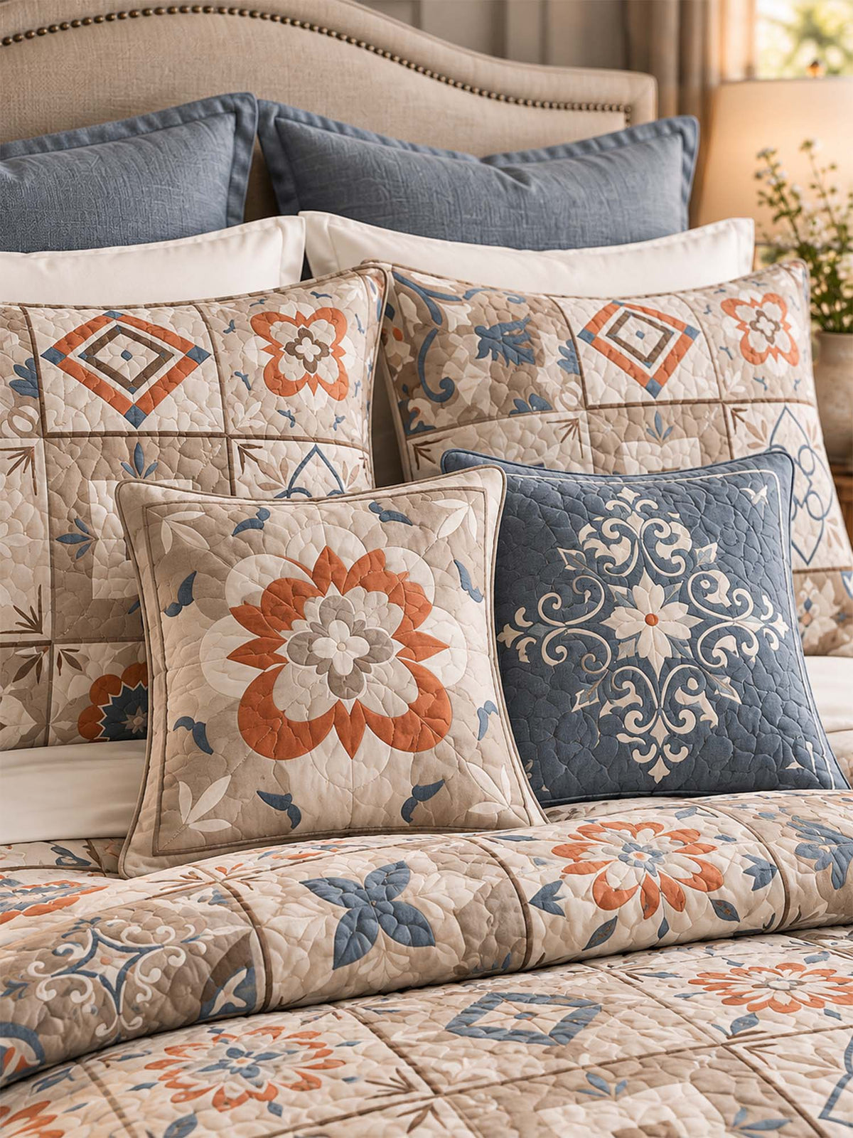Terracotta Blue Mosaic Tile Patchwork Quilted 3-Piece Bedding Set