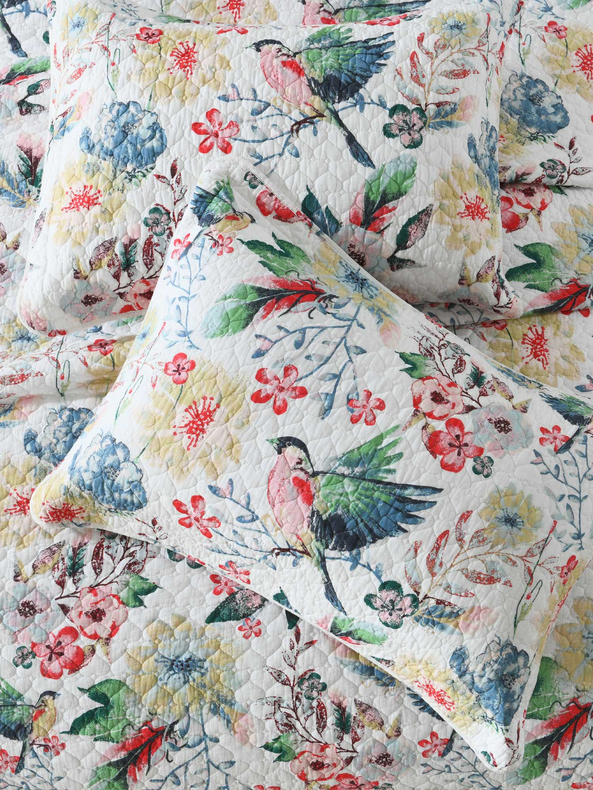 Vintage Bird Floral Garden Print Quilted 3‑Piece Bedding Set