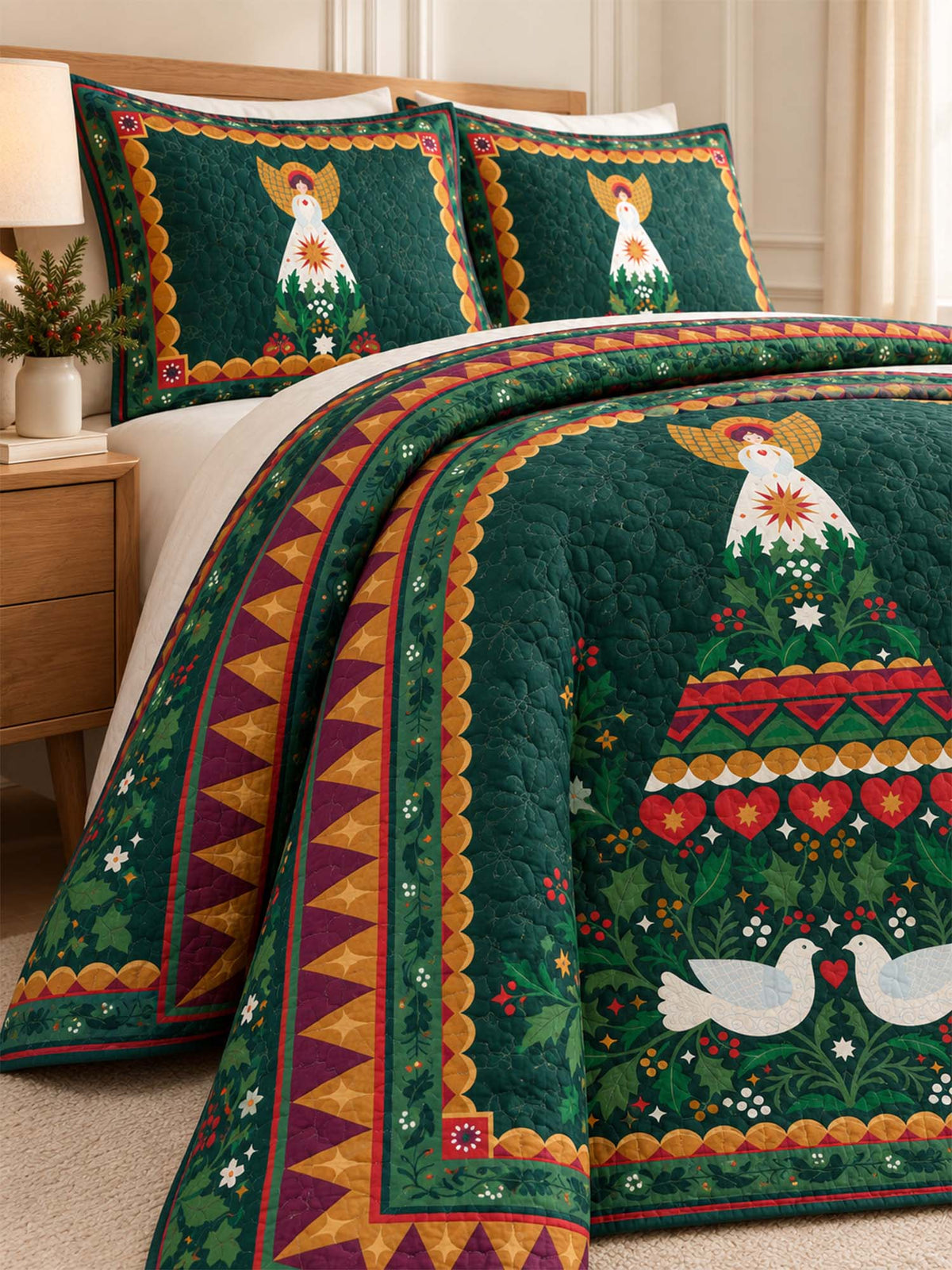 Folk Art Angel Christmas Tree Quilted 3-Piece Bedding Set