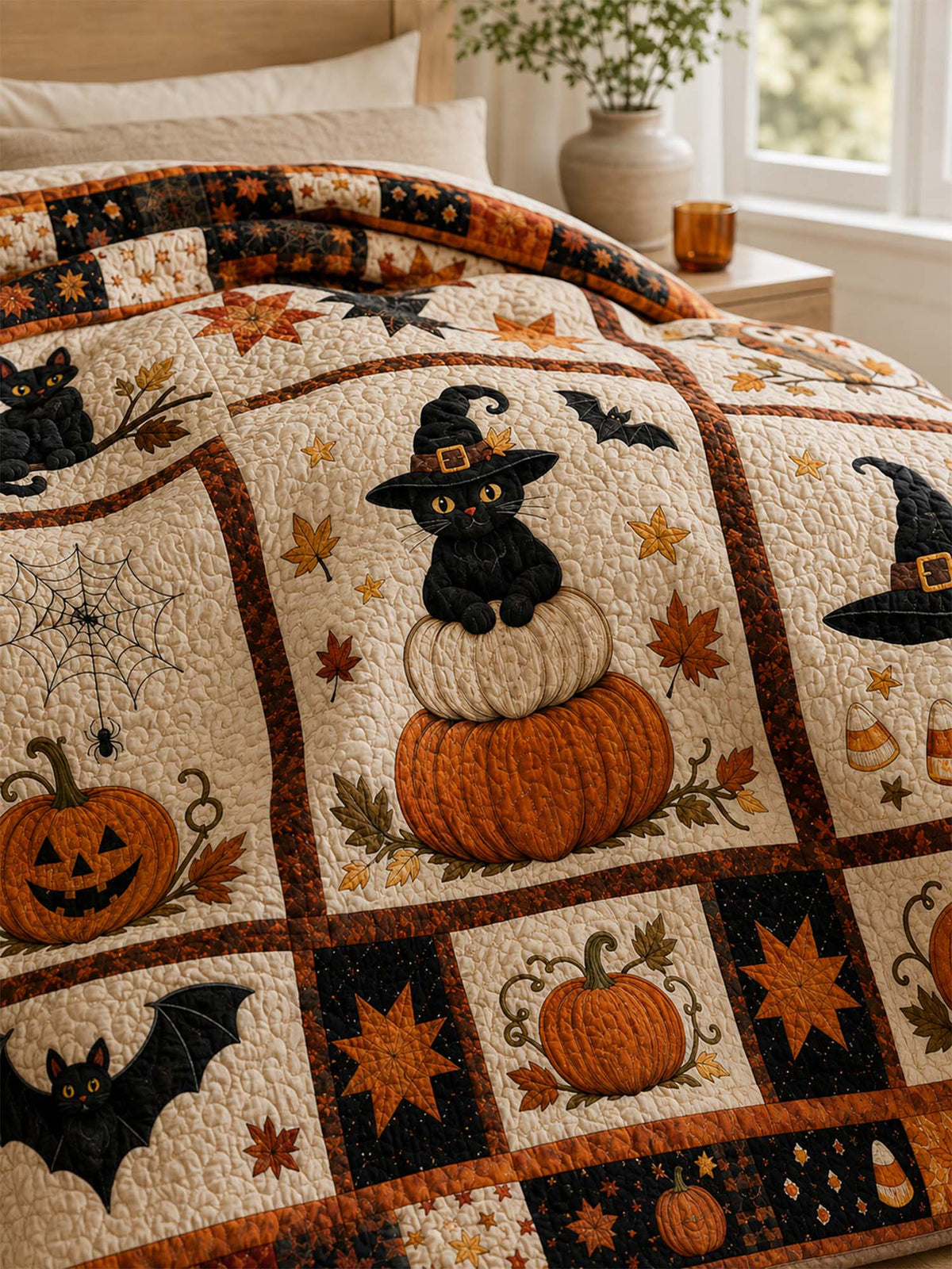 H.PAI Black Cat Halloween Pumpkin Quilted 3-Piece Bedding Set