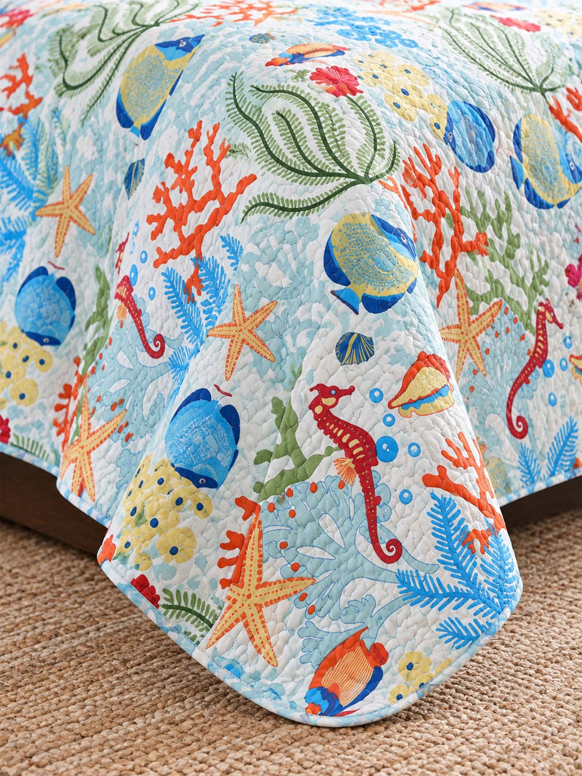 Coastal Coral Reef Reversible 100% Cotton Quilted 3-Piece Bedding Set