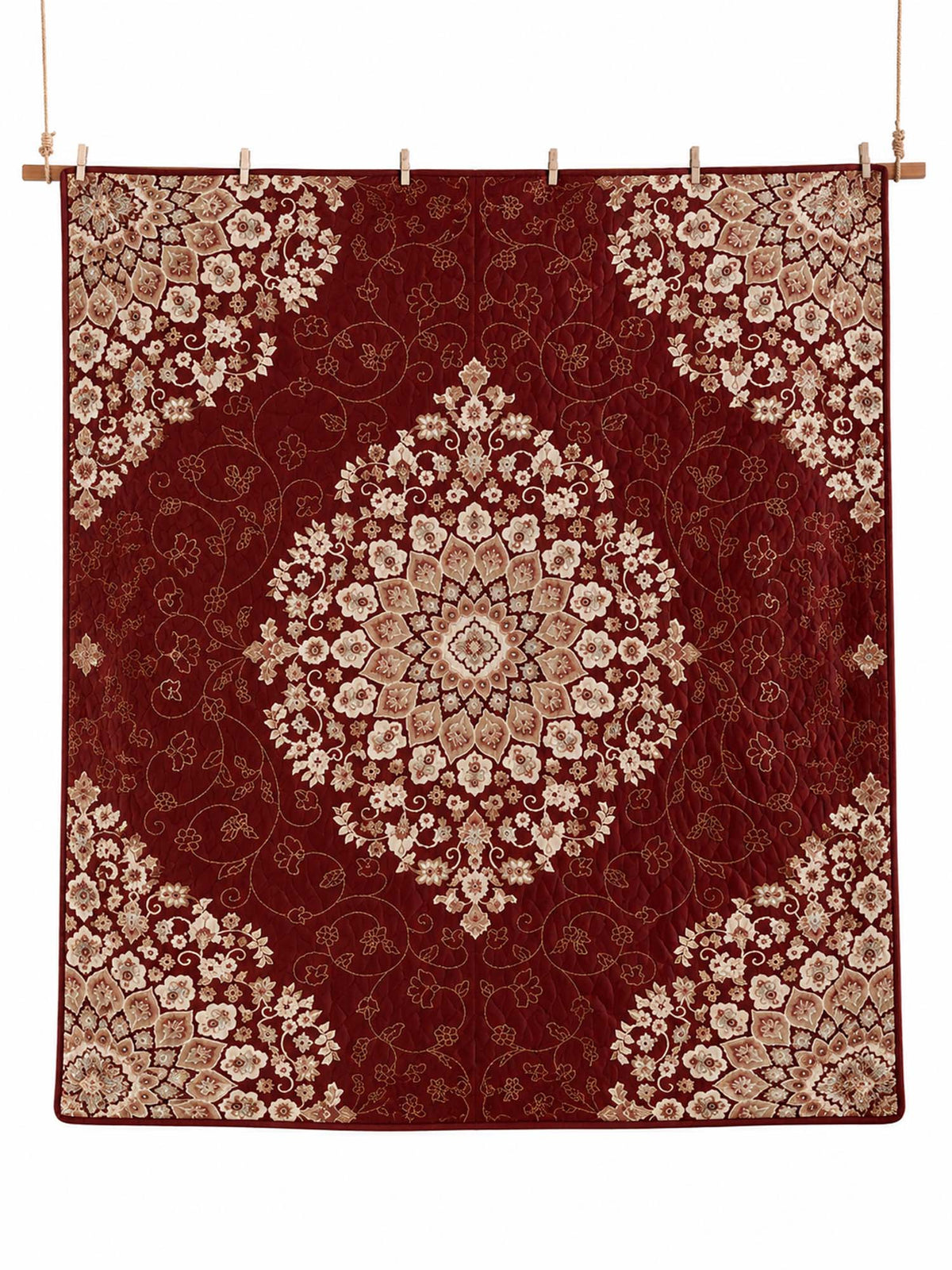 Vintage Burgundy Floral Medallion Quilted 3-Piece Bedding Set