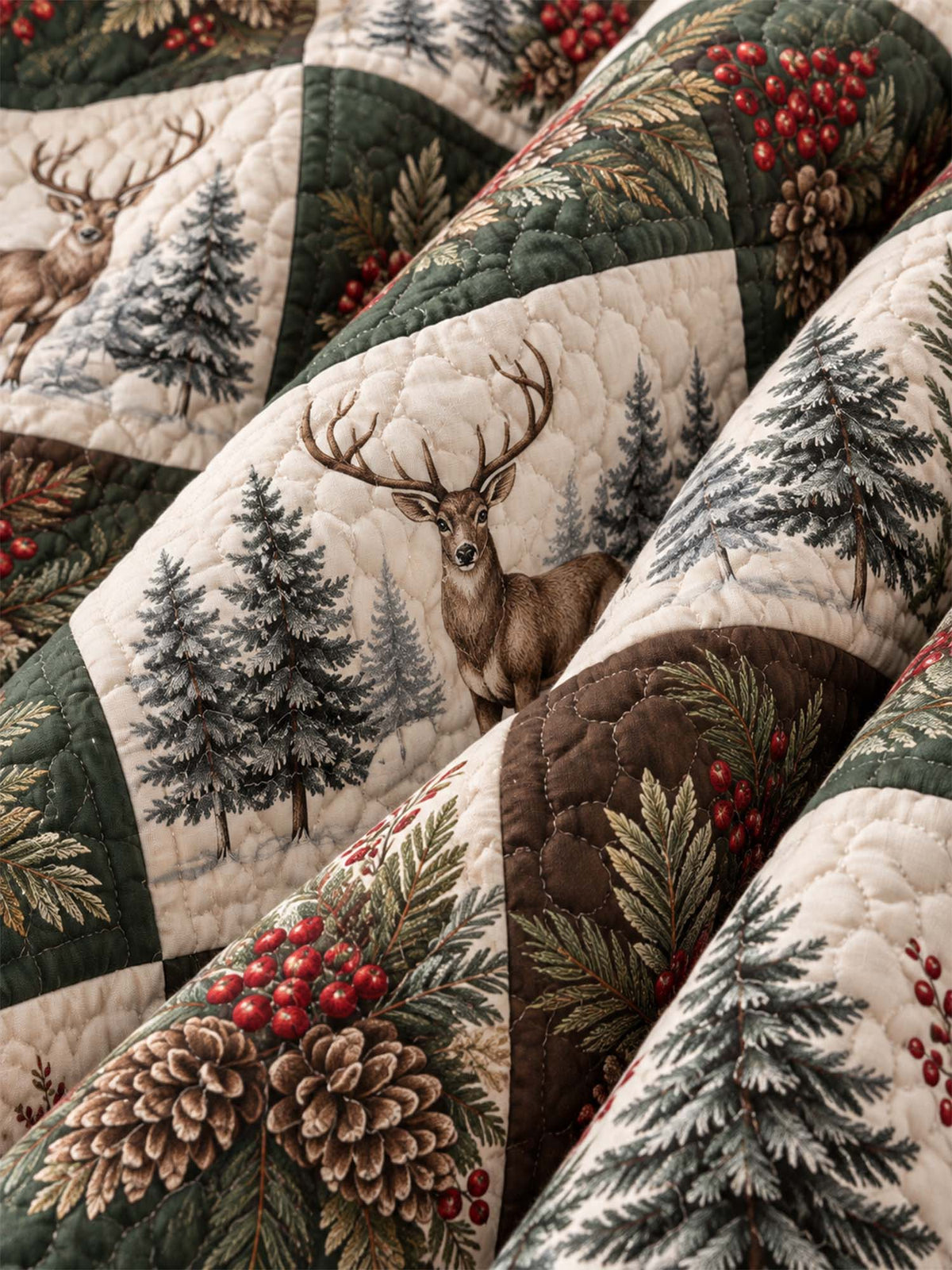 Christmas Deer & Pinecone Forest Quilted 3-Piece Bedding Set